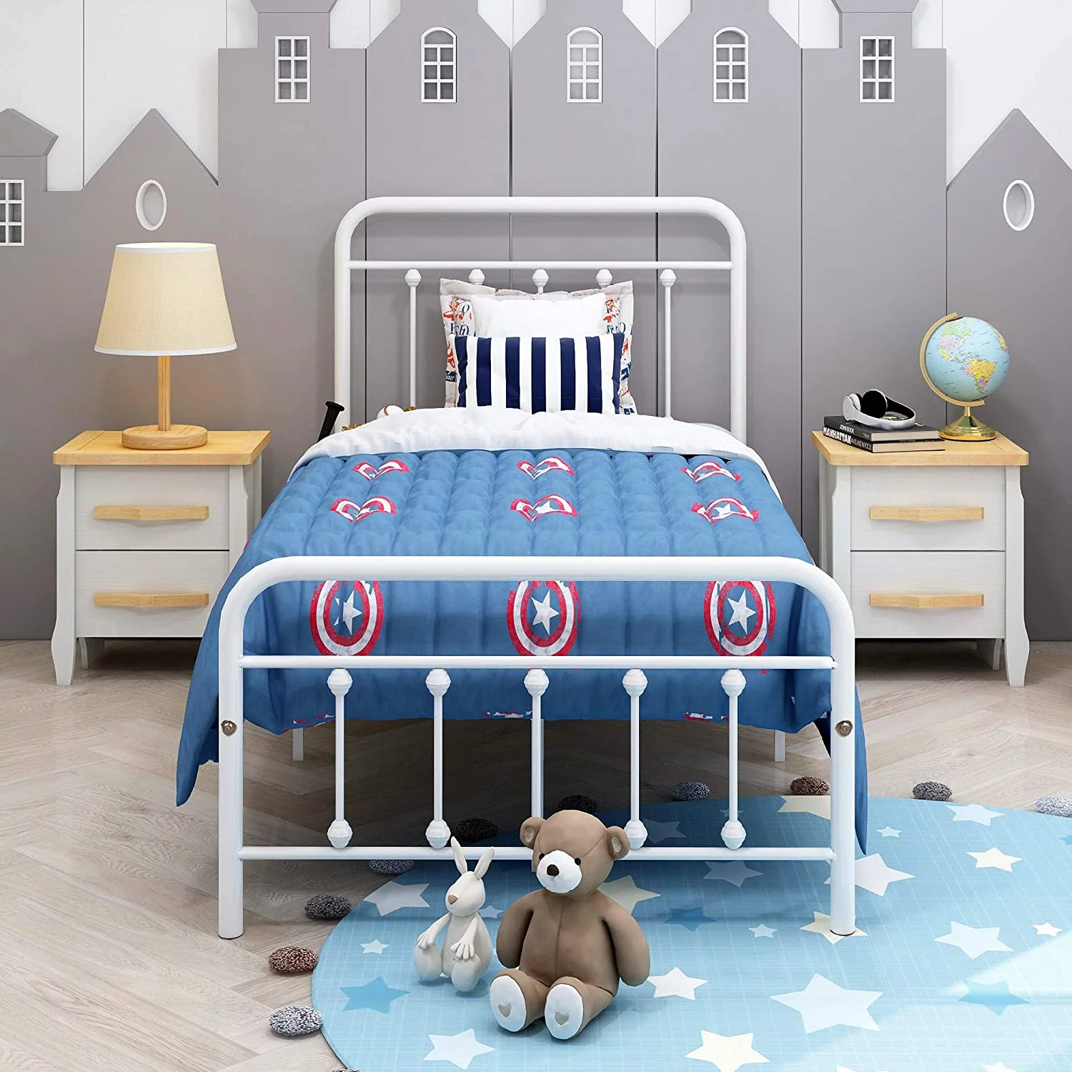 12 Inch Bed Frame Mattress Foundation Box Spring Replacement with Headboard Heavy Duty Metal Slat Support Ultra-Large Under Bed Storage (White, Twin)