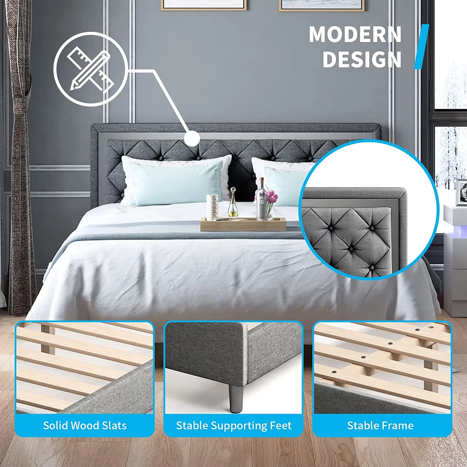 Mjkone King Size Bed Frames with Headboard, Upholstered Bed Frame with Wooden Slat Support, Platform Bed Frame, No Box Spring Needed/Easy Assembly/No Mattress (Dark Grey)