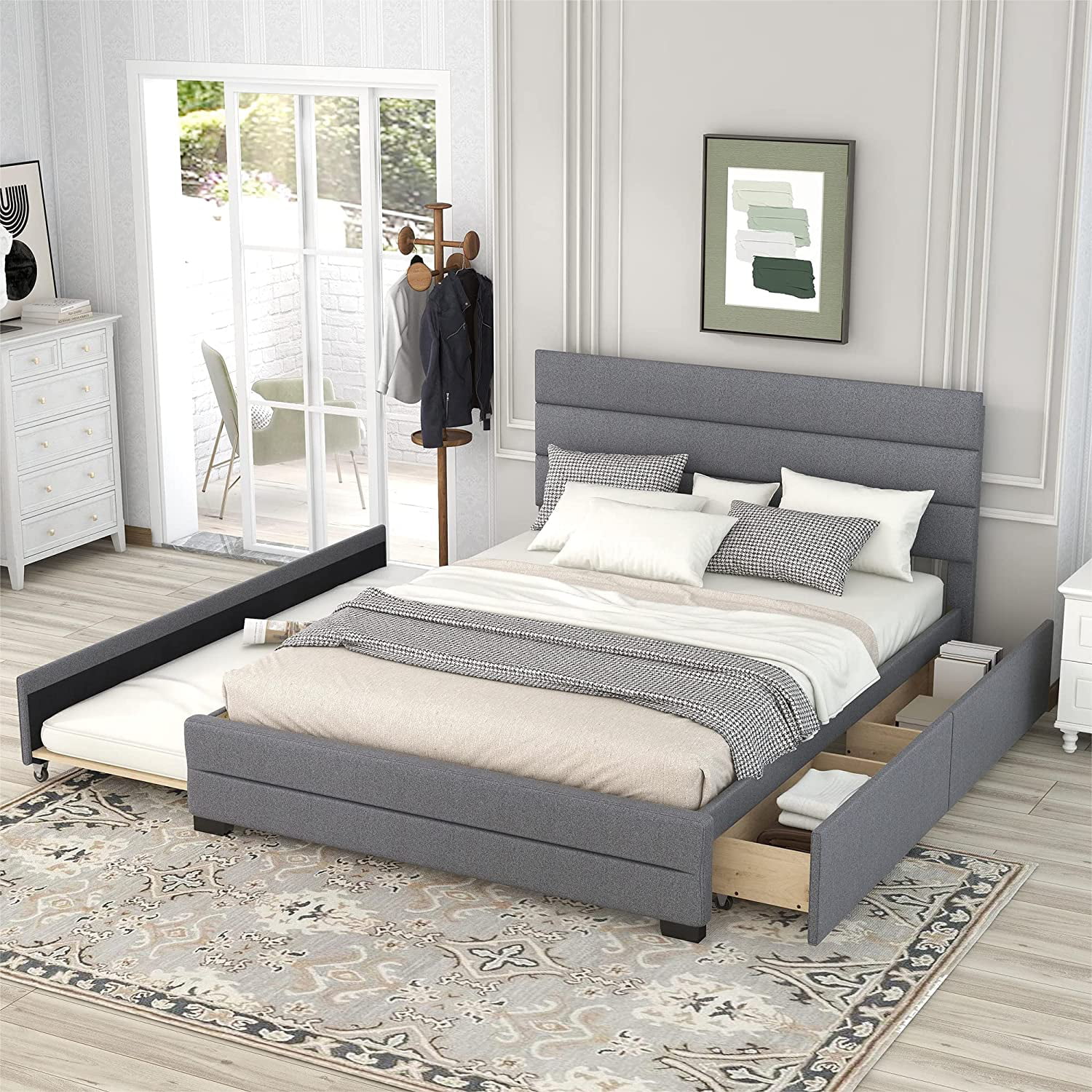Upholstered Queen Size Platform Bed With 2 Storage Drawers And Trundle Bed, Wood Queen Bed Frame With Linen Fabric For Bedroom Guestroom (Grey)