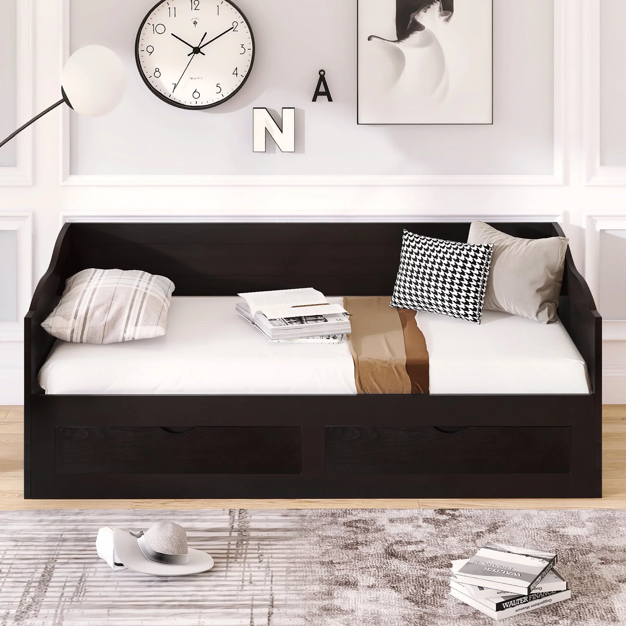 Twin Wooden Daybed Frame with Trundle and Two Storage Drawers, Bedroom Furniture with Trundle, Extendable Bed Platform Beds