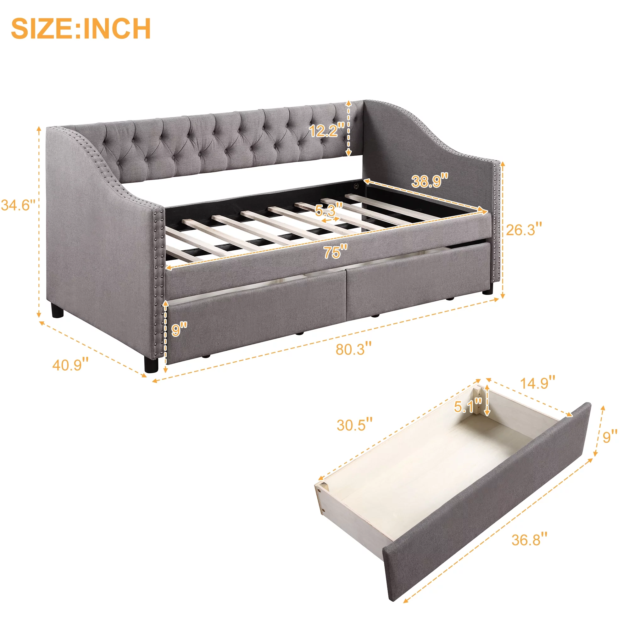 Gray Twin Size Upholstered Daybed with Two Drawers, Wood Slat Support