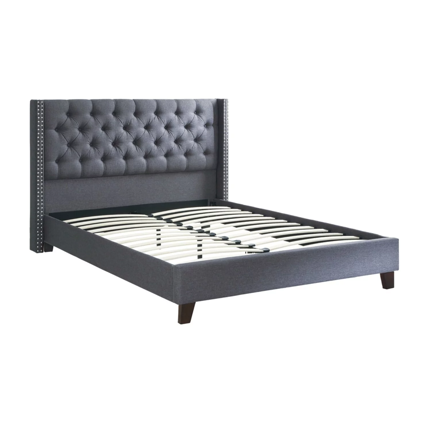 Benzara Polyfiber Upholstered Full Size Bed Featuring Nail head Trim Blue Gray