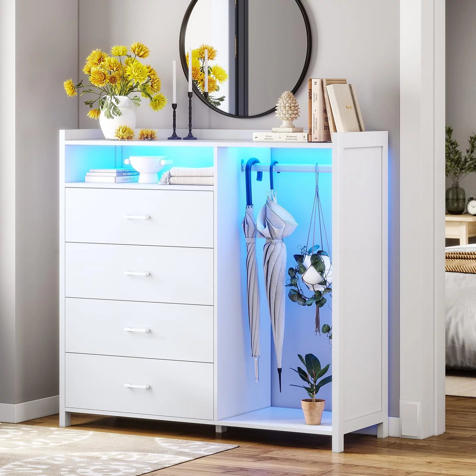 Dresser for Bedroom with Clothing Rack, 4 Drawer Dresser with LED Lights, White