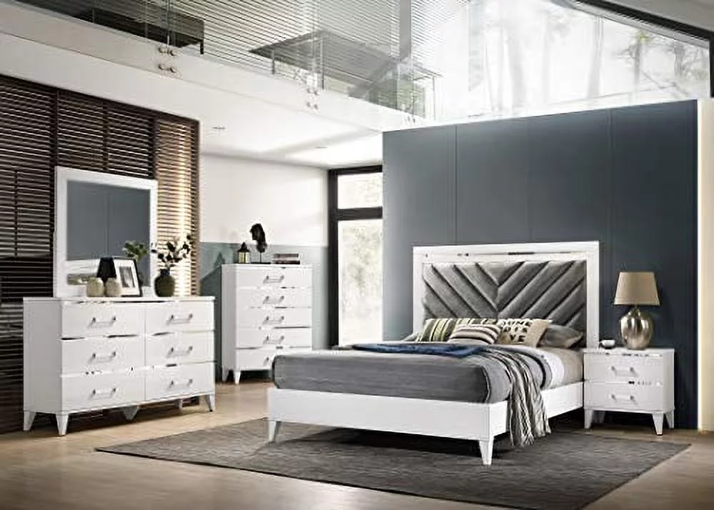 Kings Brand Furniture Madison 6-Piece Queen Size White Bedroom Set. Bed, Dresser, Mirror, Chest & 2 Nightstands