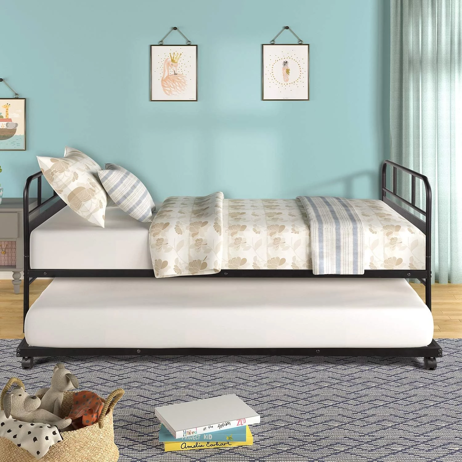 Size Metal Daybed With Trundle Platform Bed Frame Trundle Bed With Built-In Casters For Living Room, Guest Room, Black