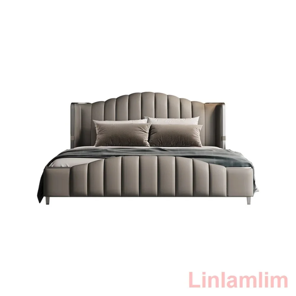 MANBAS Elegant Soft Double Bed Frame with Genuine Leather Headboard Contemporary Upholstered Bed Bedroom Furniture Dormitorio