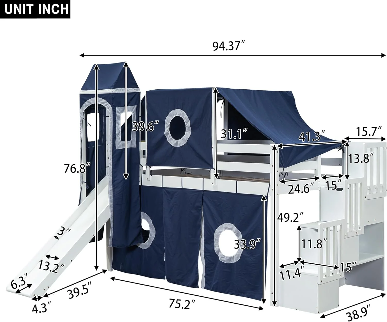 House Lof Bed Wih Slide,Sorage Sairs Ad e, Wood Kids Lof Buk Bed Wih ower Ad Ladders, Playhouse Bed Frame For Kids, ees, Boys & Girls (, Dark Blue)