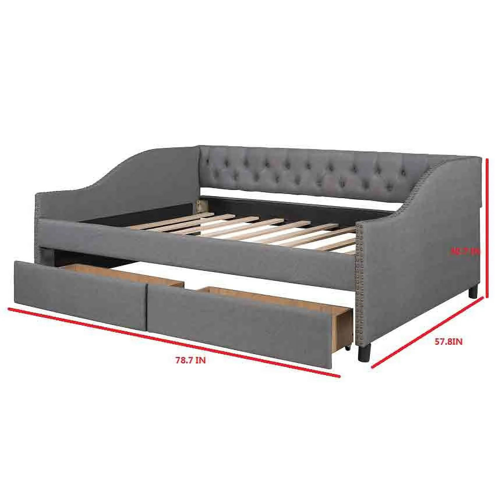 Upholstered Sofa Bed with Two Drawers, Wooden Slatted Support, Gray, Full Size 78.7