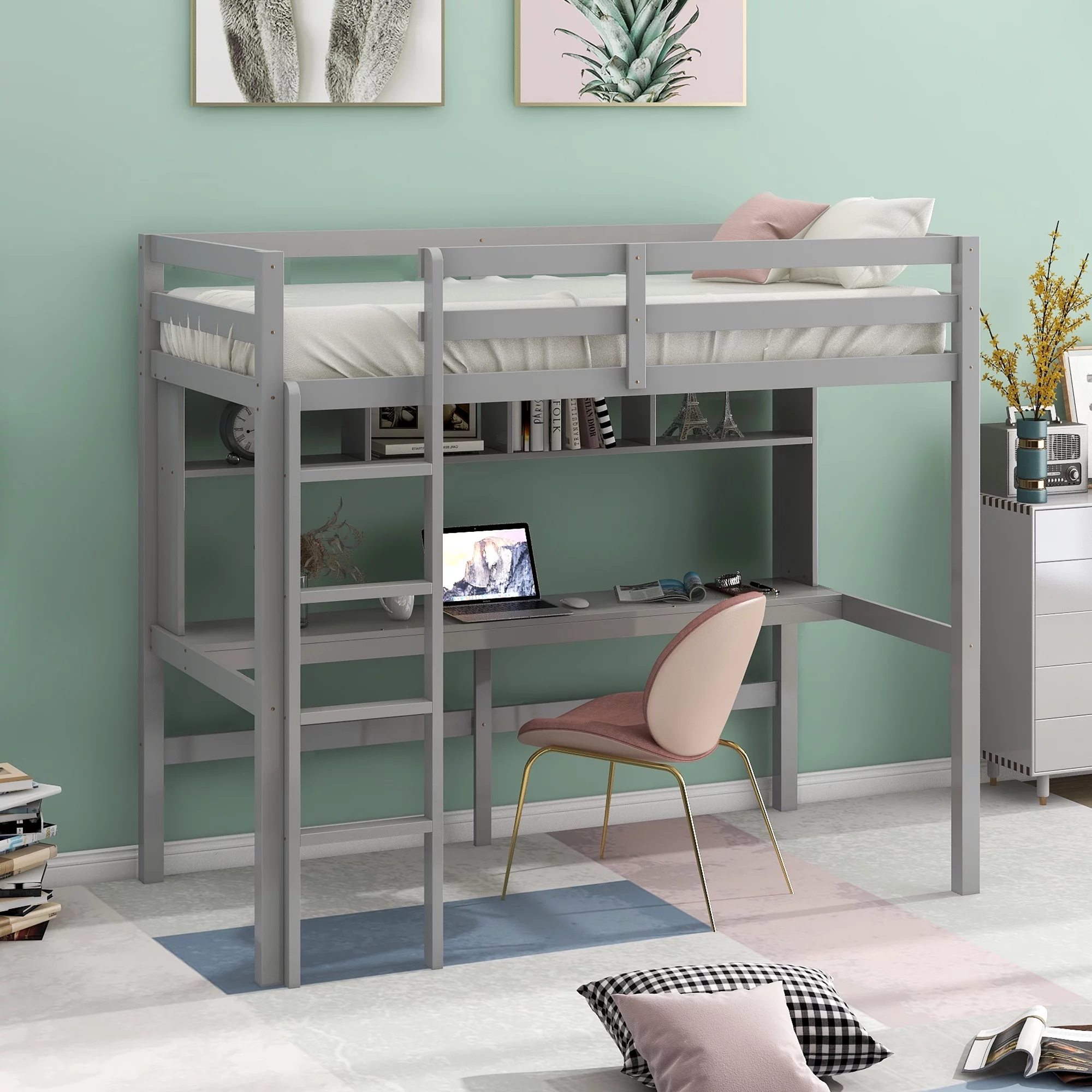 ikayaa Twin Size Loft Bed with Convenient Desk, Shelves, and Ladder, White