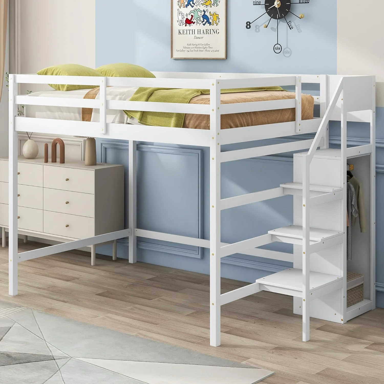 Full Size Lof Bed Wih Sairs, Woode Lof Bed Frame Wih Sorage Bookcase Ad Wardrobe Whie Lof Beds For Kids Boys Girls ees Dorm Bedroom