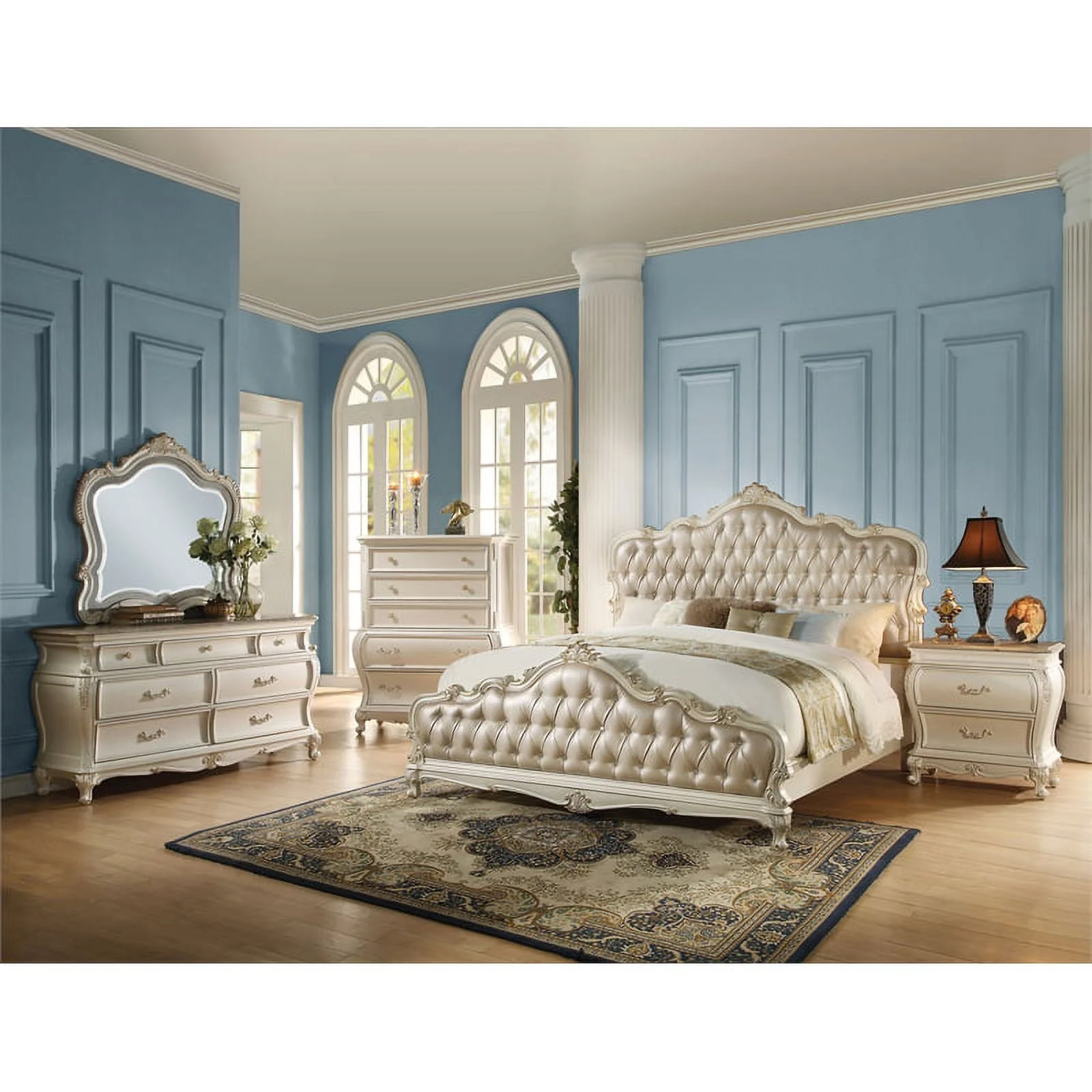 Bowery Hill Eastern King Tufted Faux Leather Bed in Rose Gold and Pearl White