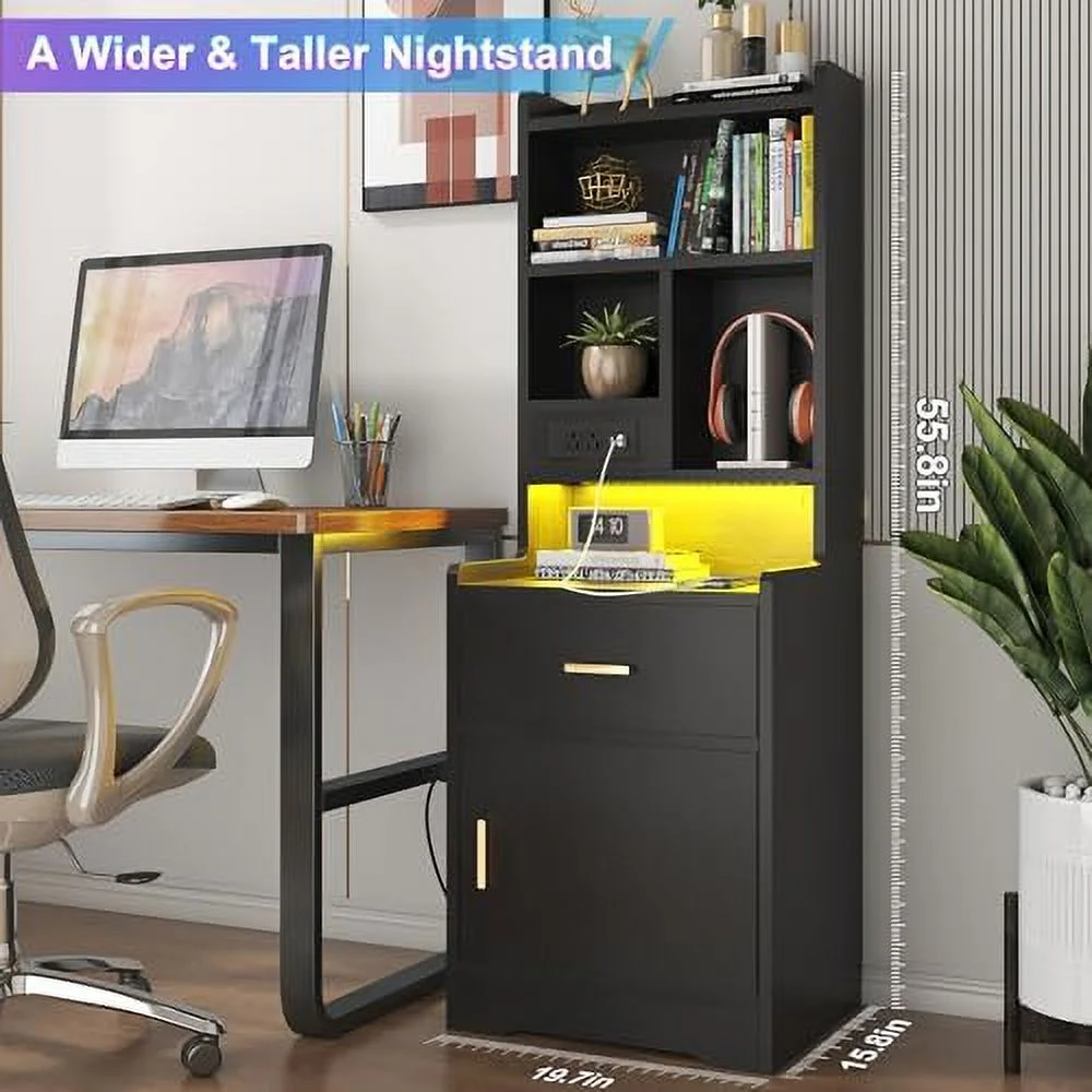 55.8" Tall Nightstand with Charging Station   Night Stand with LED Light  Bedside Table with Bookshelf &  Cabinet & Drawer  for Bedroom/ Office  19.7"x 15.8"x 55.8"