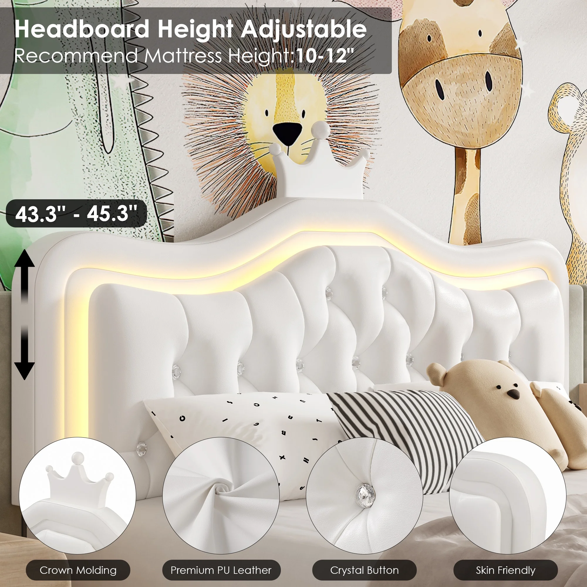 Homfa Full Size LED Bed Frame with Storage Drawers, PU Leather Crown Platform Bed with Crystal Tufted Upholstered Adjustable Headboard, White