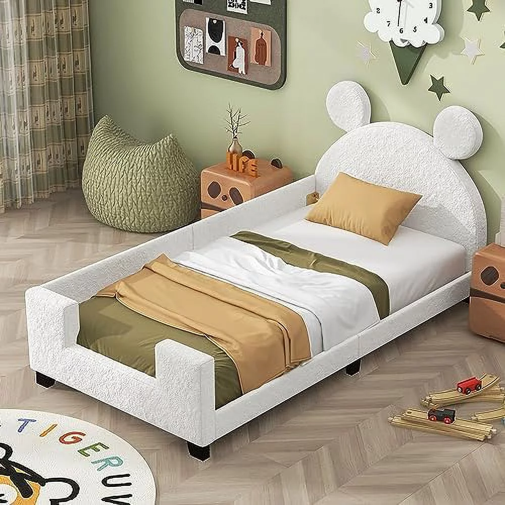 Size Teddy Upholstered Daybed With Mouse Carton Ears Shaped Headboard, Wooden Daybed Frame For Bedroom Living Room(Teddy White)