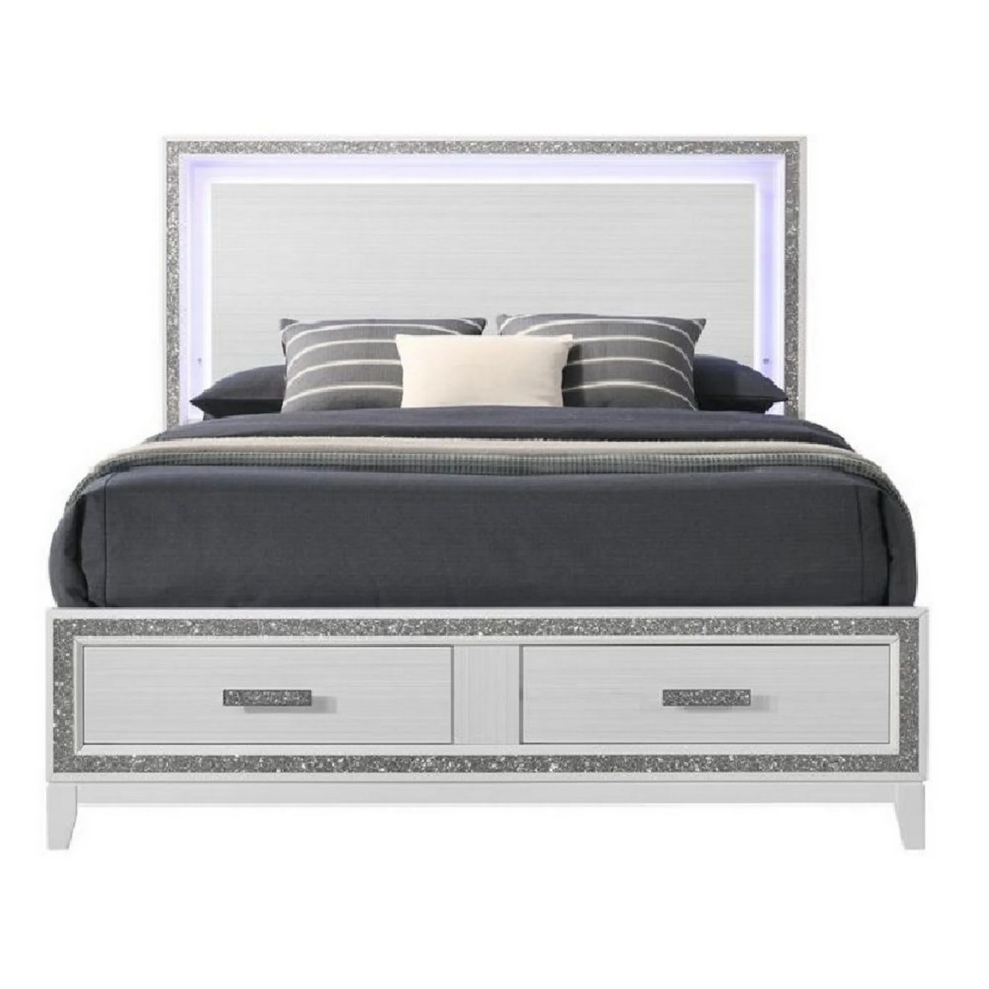 Benjara King Size Storage Bed, Elegant Silver Glitter Trim, LED Lit Headboard, White