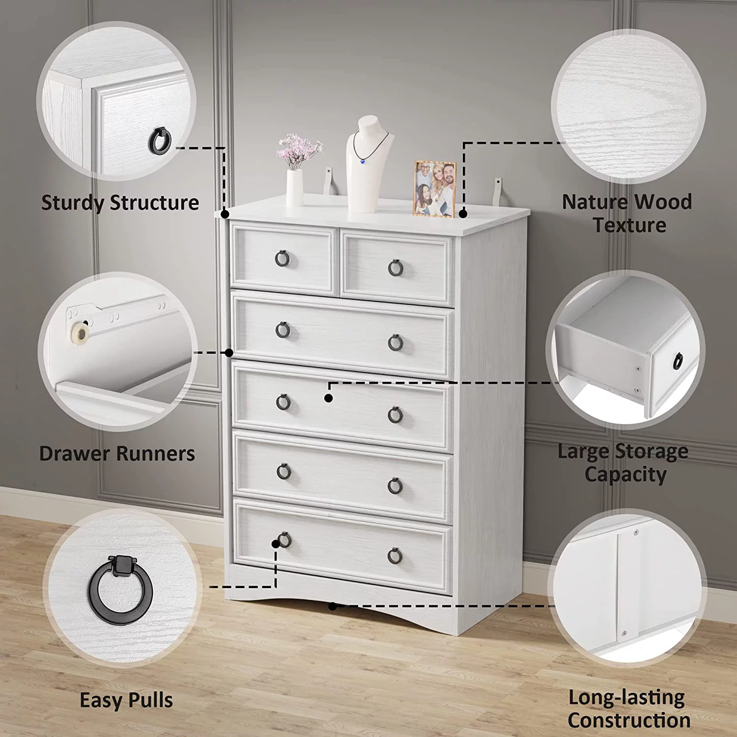 Relefree Modern 6 Drawer Dresser, Tall Storage Cabinet Chest of Drawers for Living Room Bedroom Hallway, White