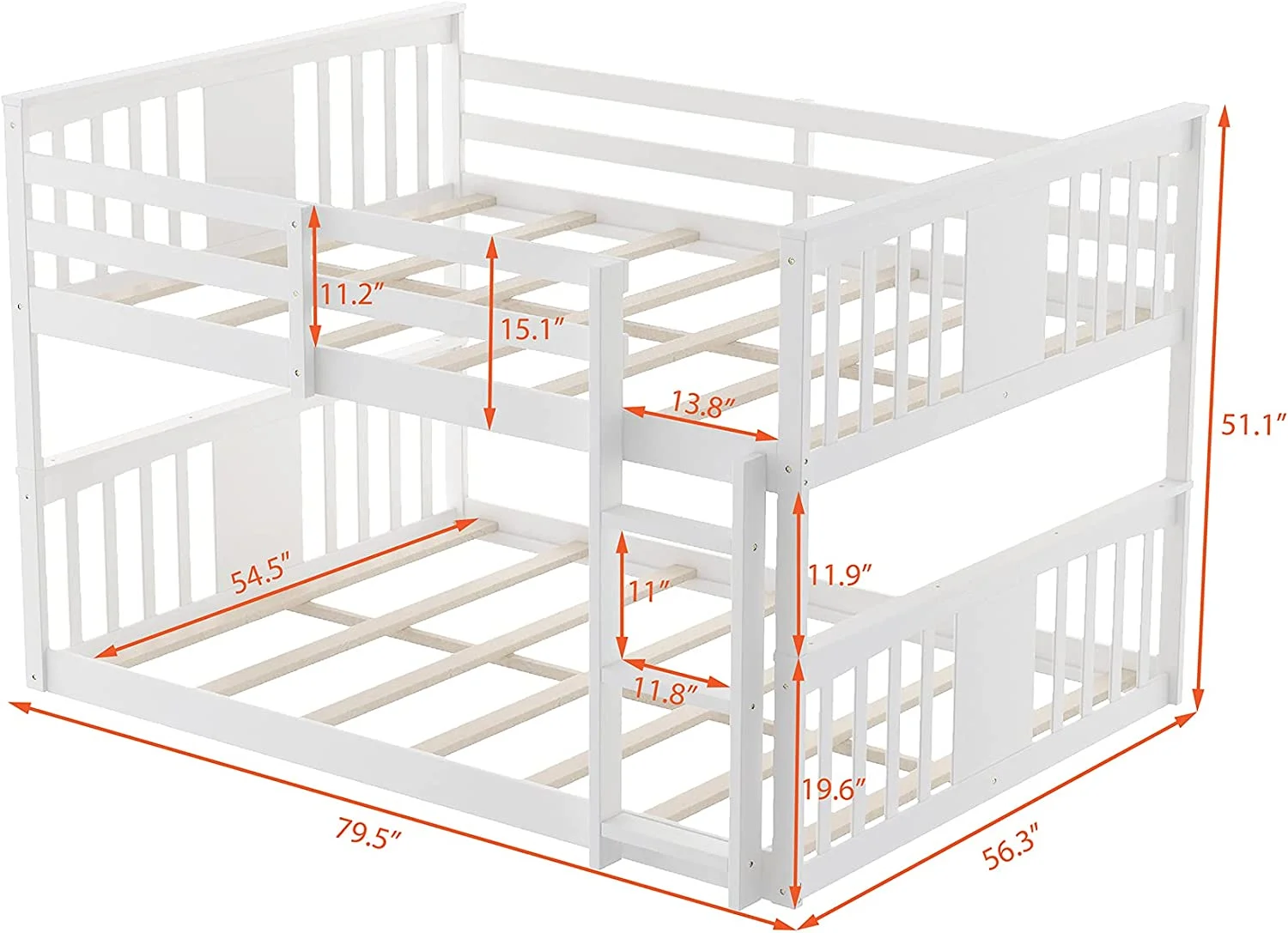 Full Over Full Low Bunk Bed With Headboard And Footboard, Wooden Bunk Bed With Ladder, For Toddlers Kids Boys Girls - White