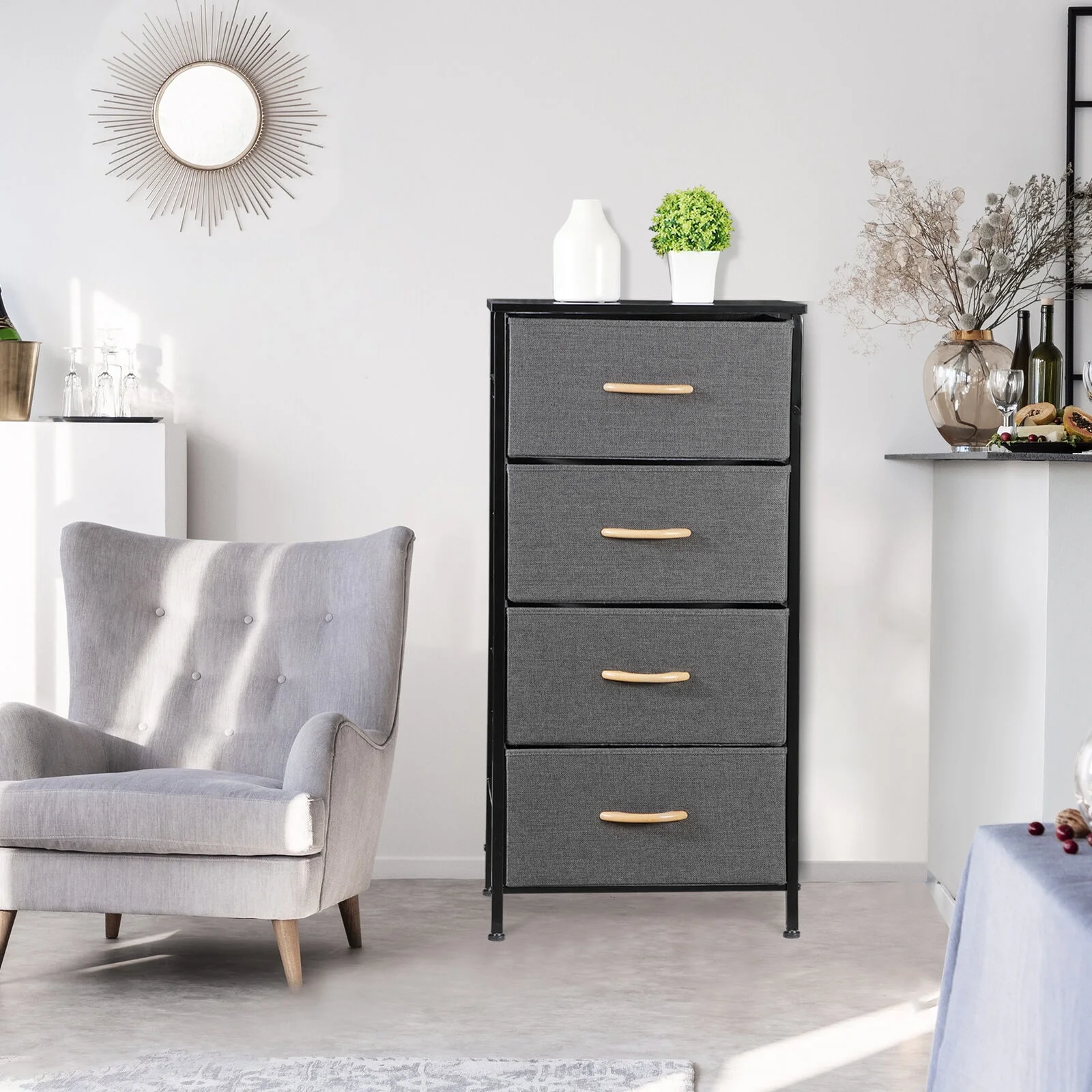 Fabric Storage Tower with 4 Drawers Tall Chest of Drawers for Bedroom Dark Grey