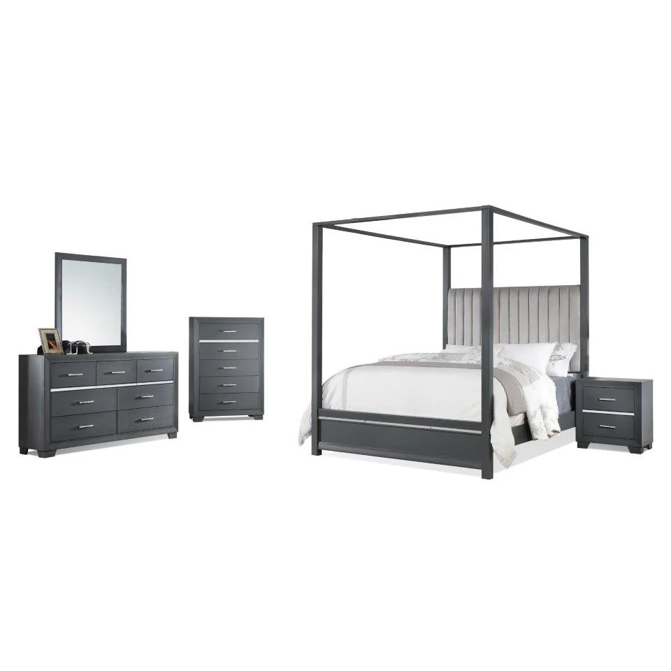 Pendry Studio Abrie Tall Canopy Velvet Channeled 5pc Queen Bedroom Set