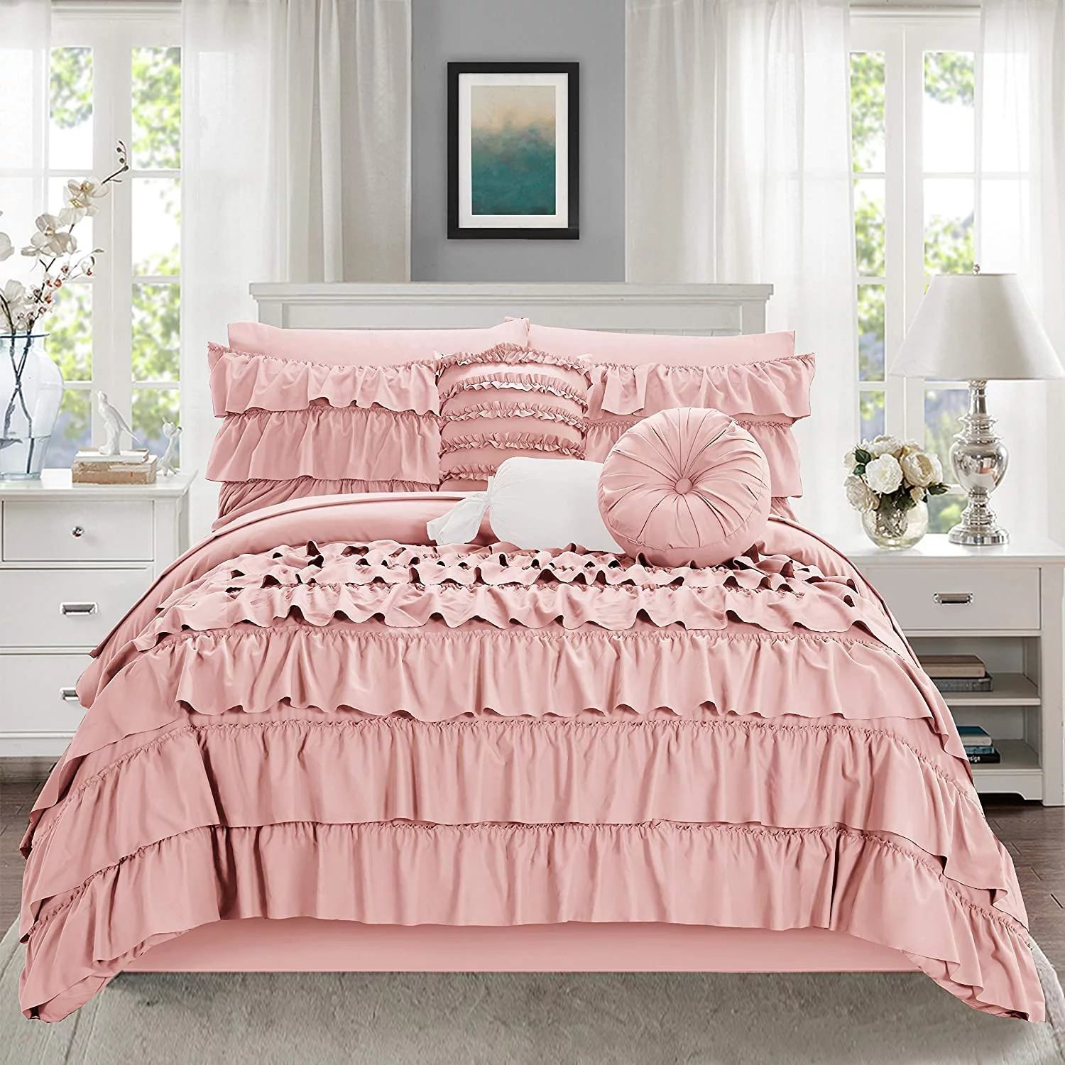 Mocassi 10-Piece Bed-in-a-Bag, Includes Bed Sheet with Double Sided Storage Pockets & Decorative Pillows, Multi-Ruffle Comforter, Twin, Dusty Rose
