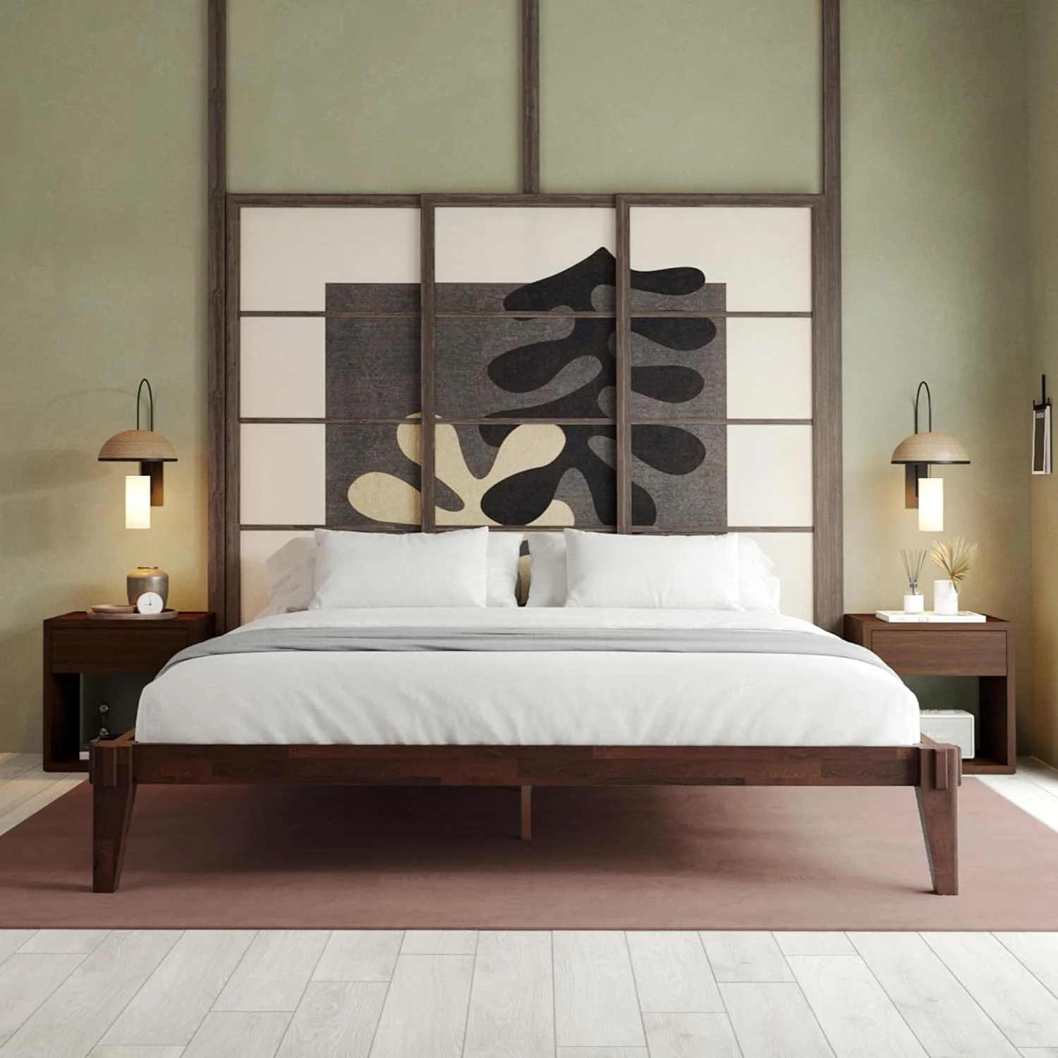 QCAI Chalipa 14” Queen Bed Frame - Solid Wood Platform Bed - Japanese Joinery Bed Frame - Wood Slat Support - No Box Spring Needed - Easy Assembly - Minimalist & Modern Style, Walnut