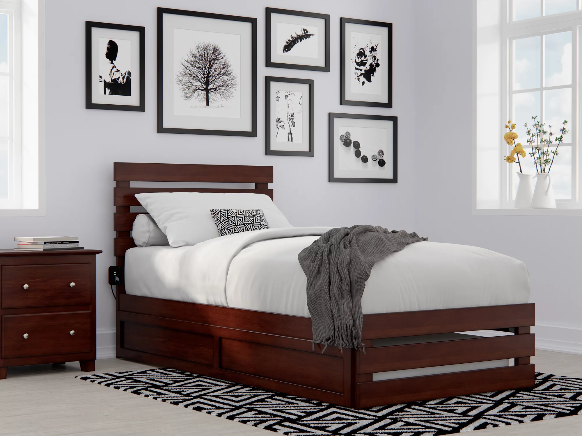 Oxford Twin Extra Long Bed with Footboard and USB Turbo Charger with Twin Extra Long Trundle in Walnut