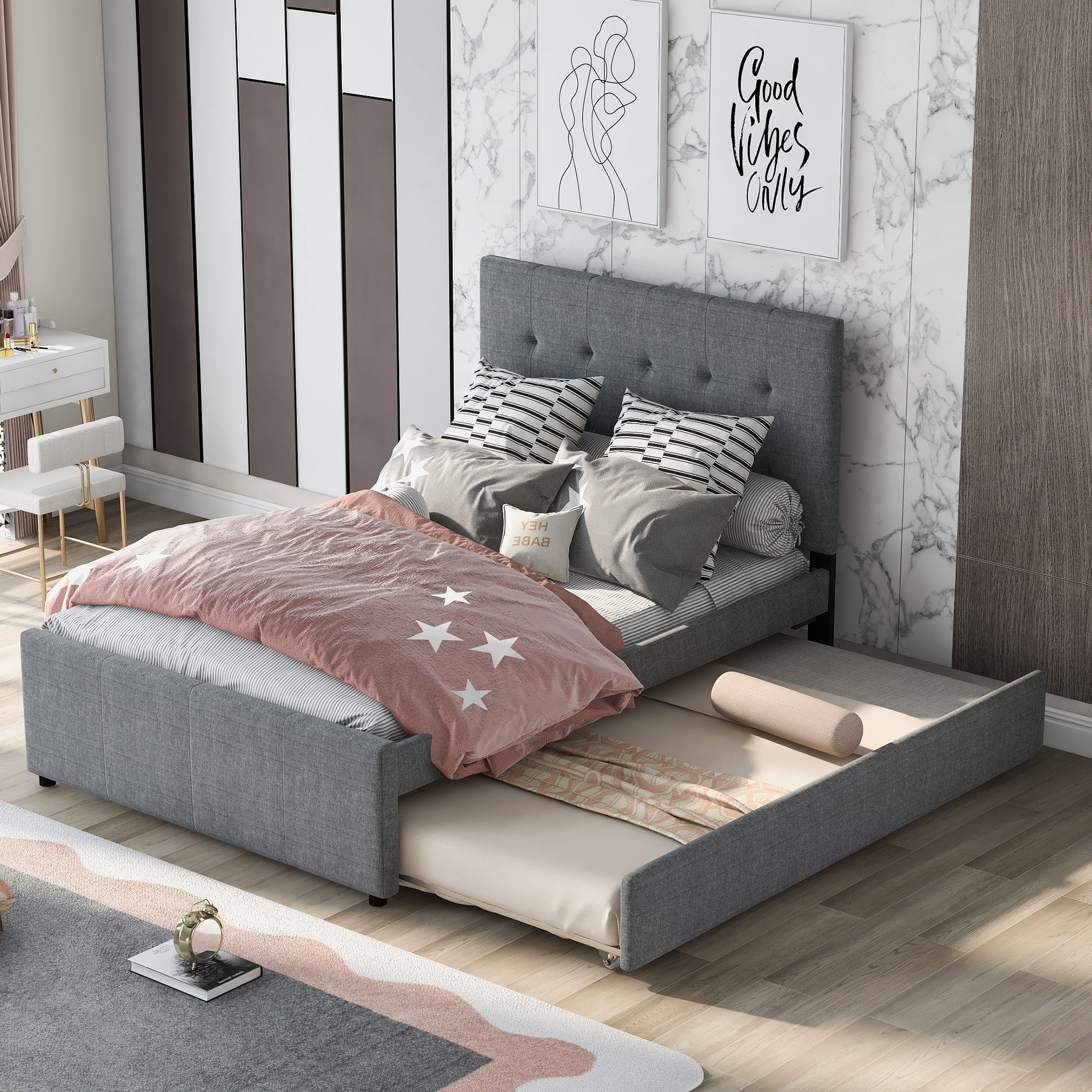 Royard Oaktree Full Size Linen Upholstered Platform Bed with Tufted Headboard Modern Storage Bed Frame with Trundle
