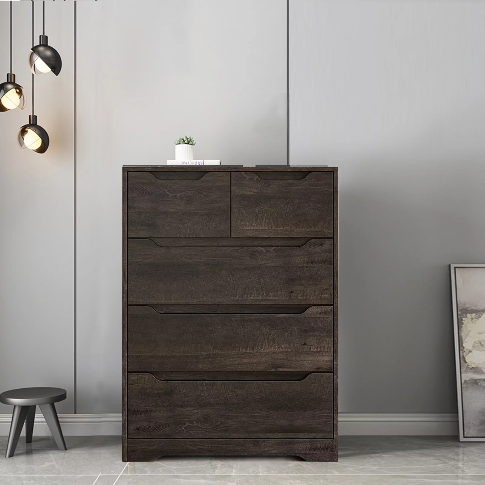 Homfa 5 Drawer Tall Dresser, Wood Storage Nightstand Chest of Drawers with Cutout Handles for Living Room, Dark Brown