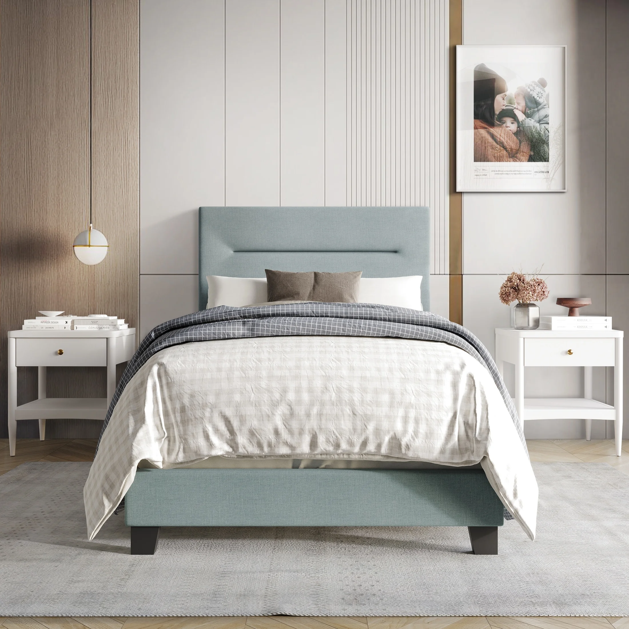 CraftPorch Simple and Clean Linen Upholstered Bed Blue - Twin