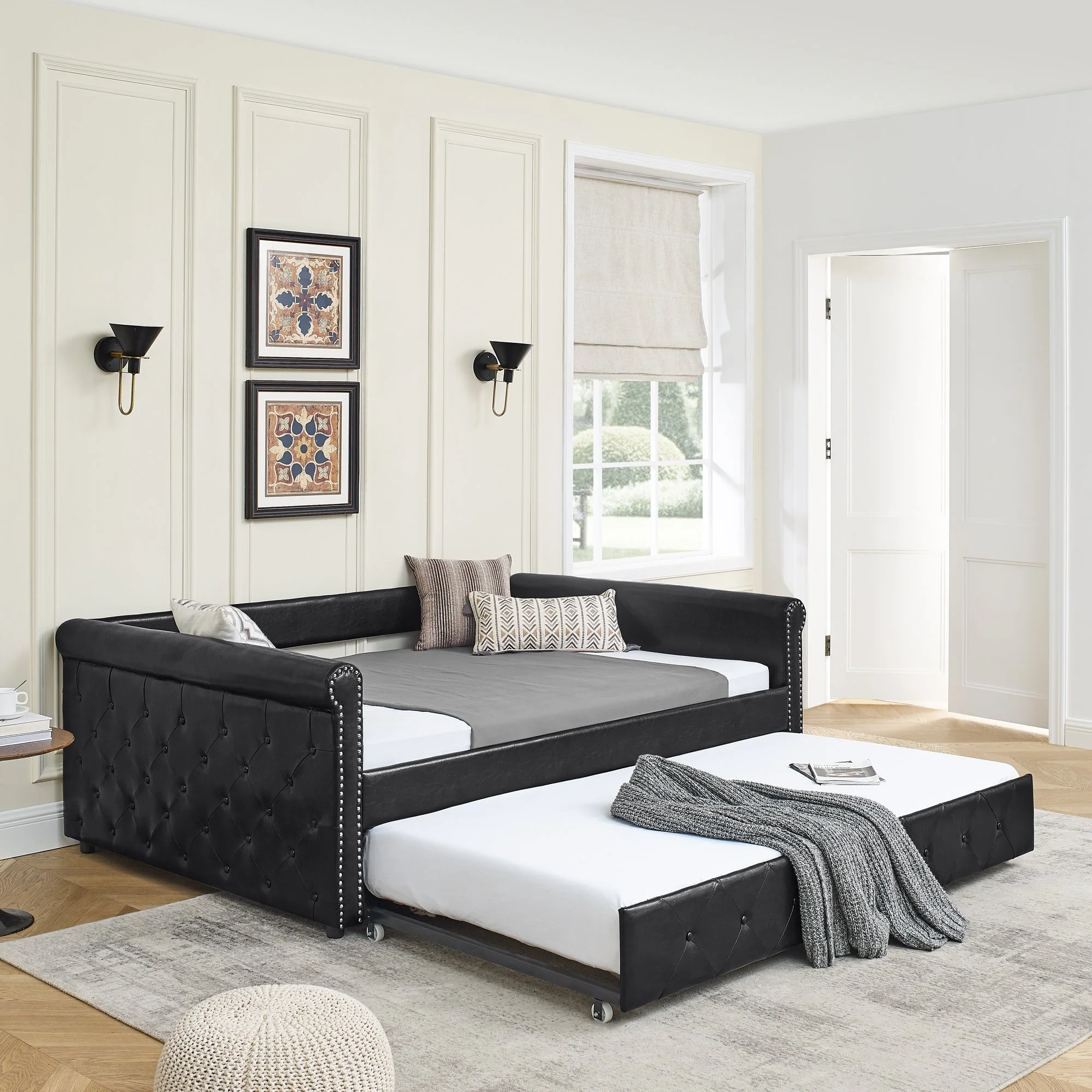 Aniya Full Size Upholstered Daybed with Twin Size Trundle - Black PU