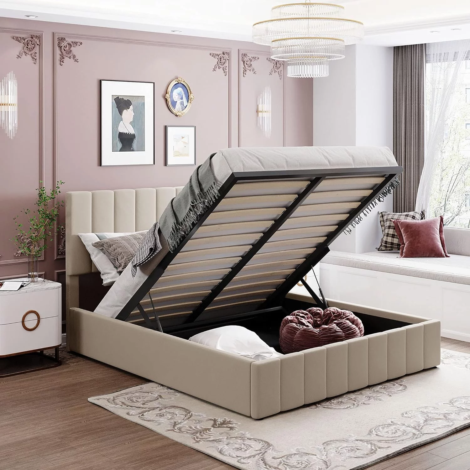 Gas Lift Upholstered Platform Bed With Storage Compartment, Platform Bed Frame With Headboard, Queen, No Box Spring Needed, Easy Assembly, Beige