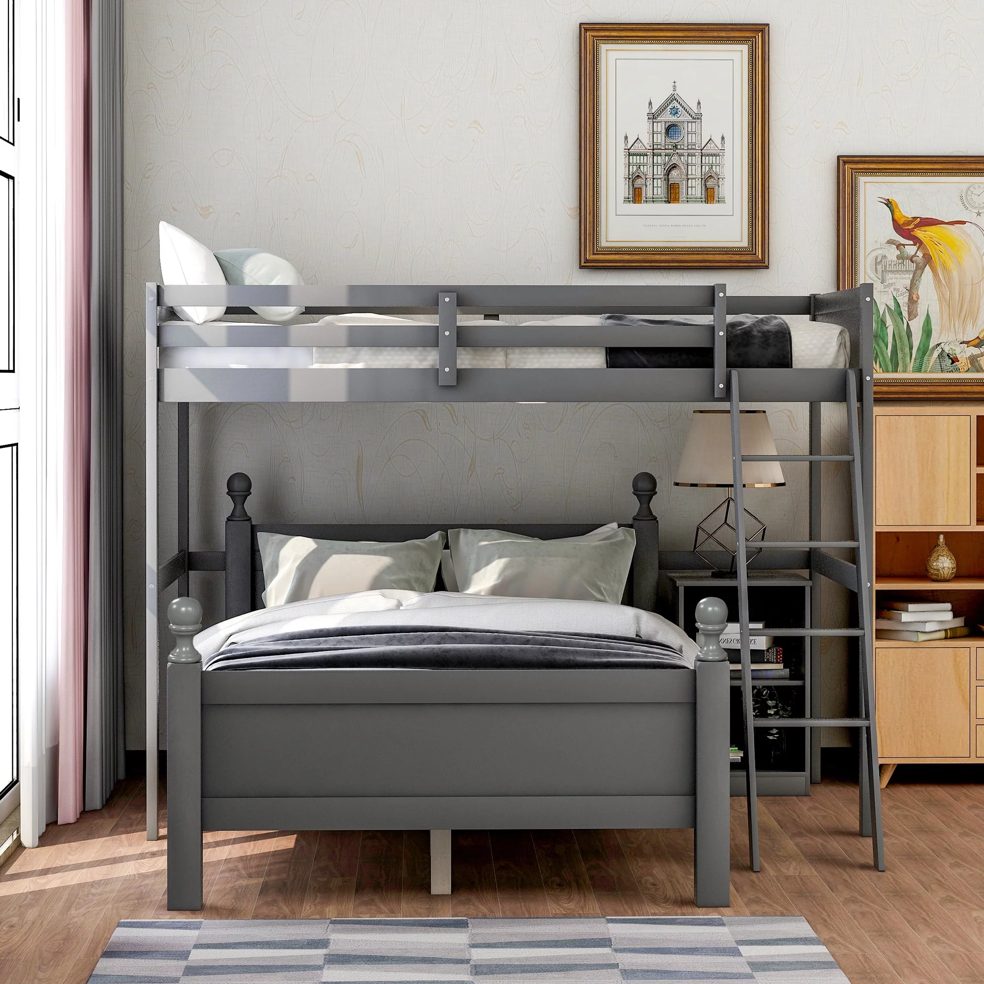 Dcenta Twin over Full Loft Bed with Cabinet, Gray