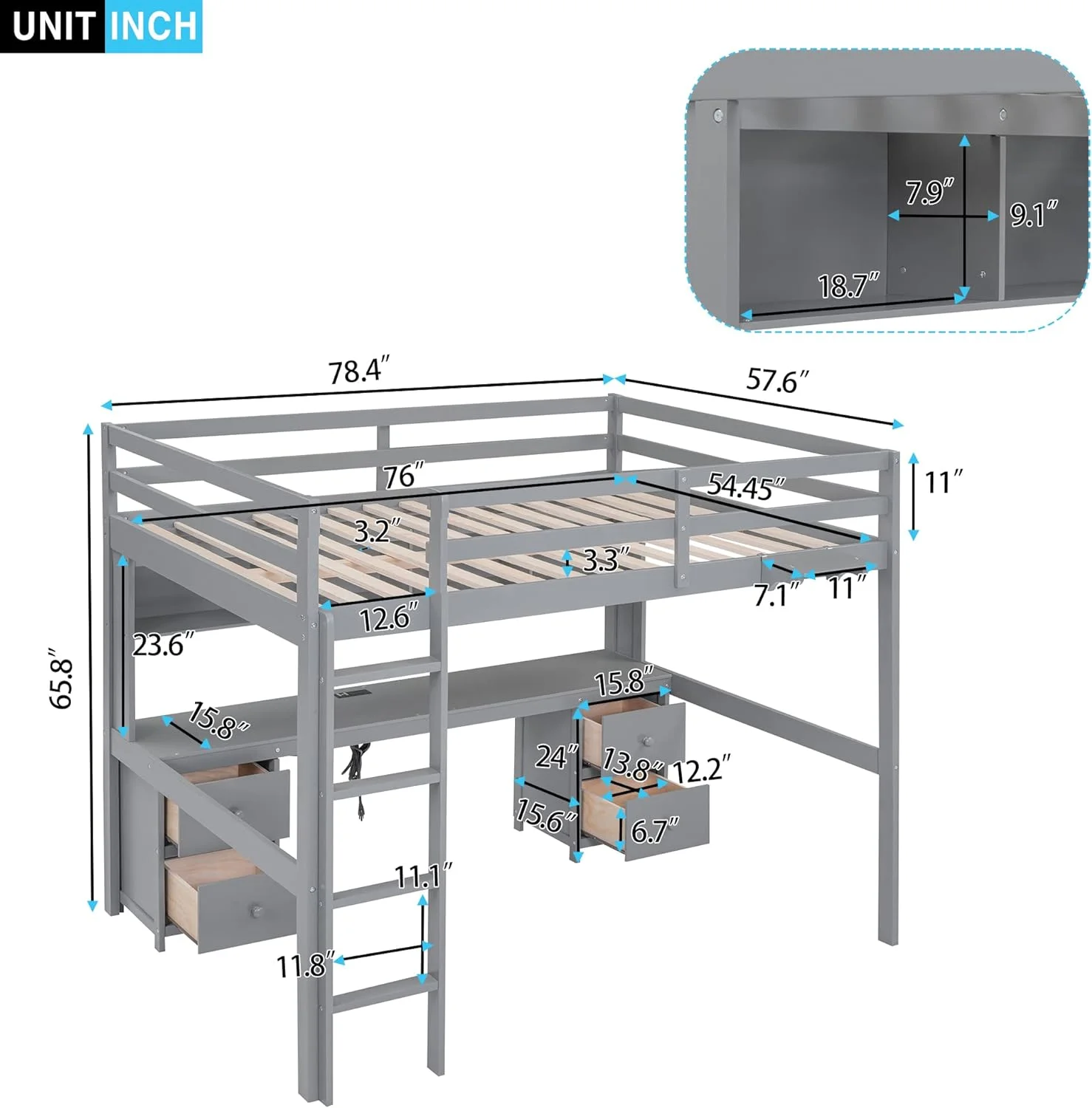 Full Loft Bed With Desk Ad Drawers, Wood Full Loft Bed With Bookcase Ad USB Chargig Statio, Solid Wood Loft Bed Frame With Ladder Ad Guardrails For Kids Tees Dorm, Gray