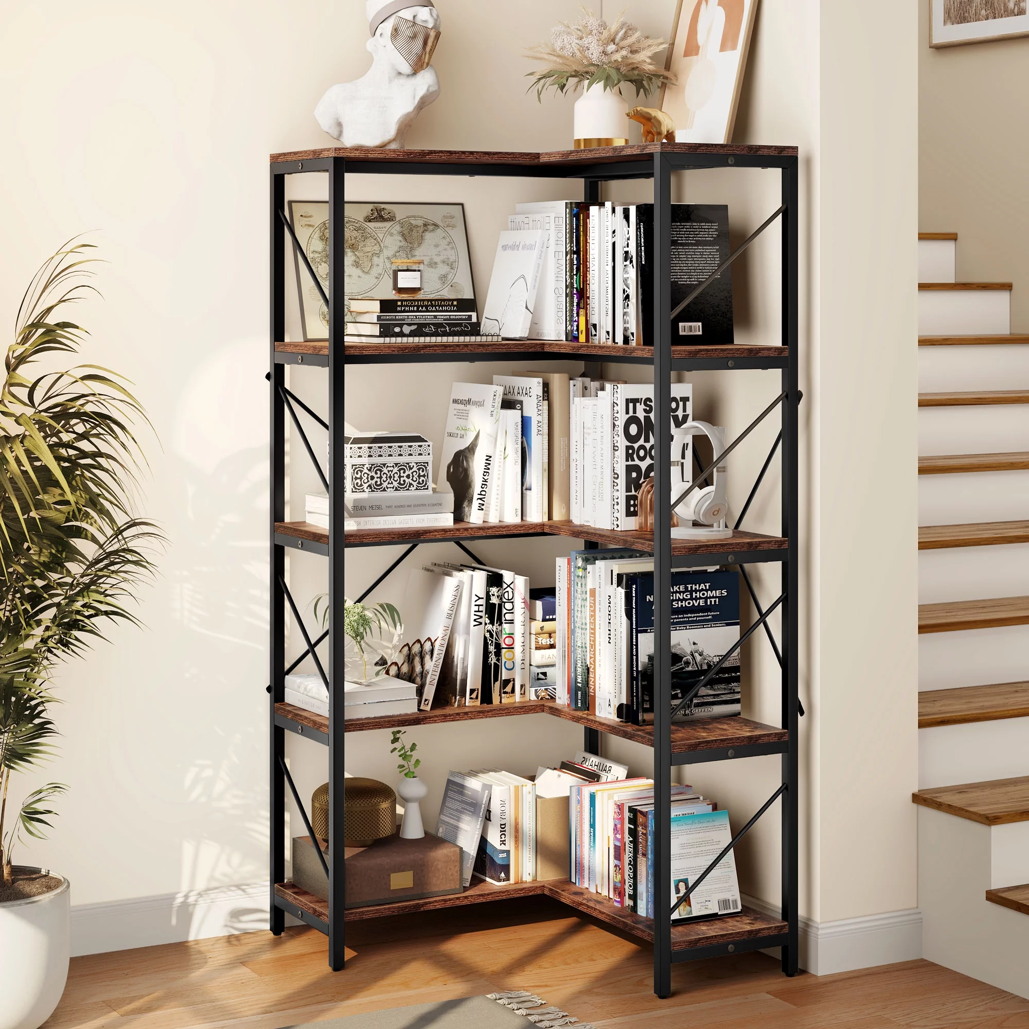 5-Tier L-Shaped Bookcase Storage Organizer, Tall Corner Bookshelf Open Display Freestanding Storage, Brown