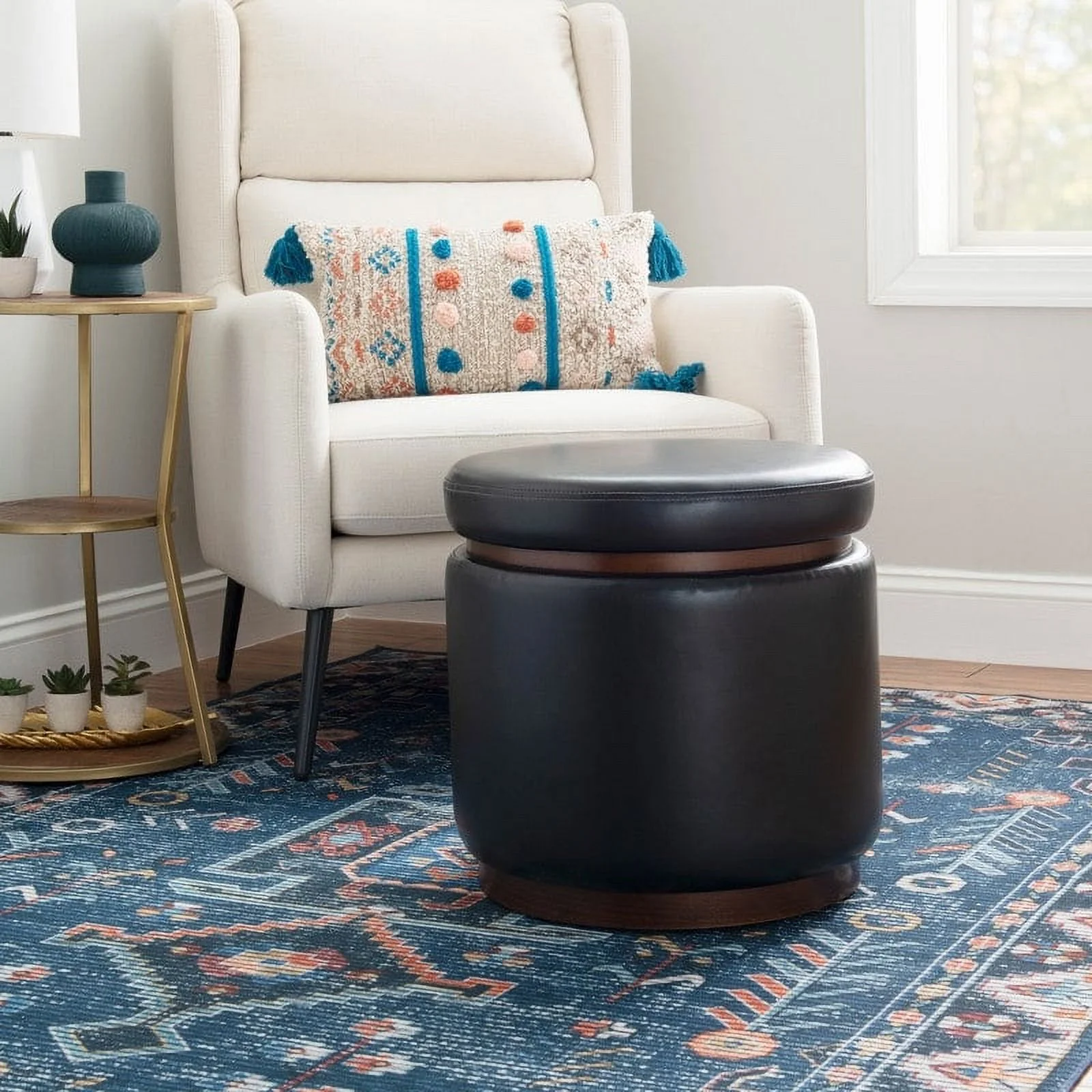Linon Rue Faux Leather Round Storage Ottoman Caramel