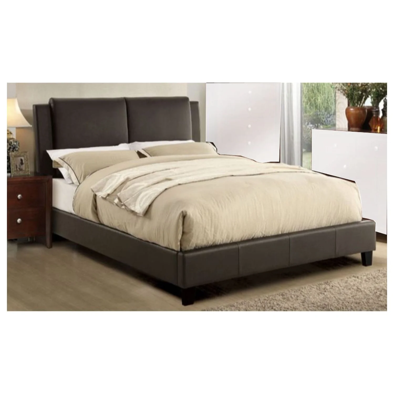 Elegant Wooden Queen Bed With Brown PU Head Board, Brown