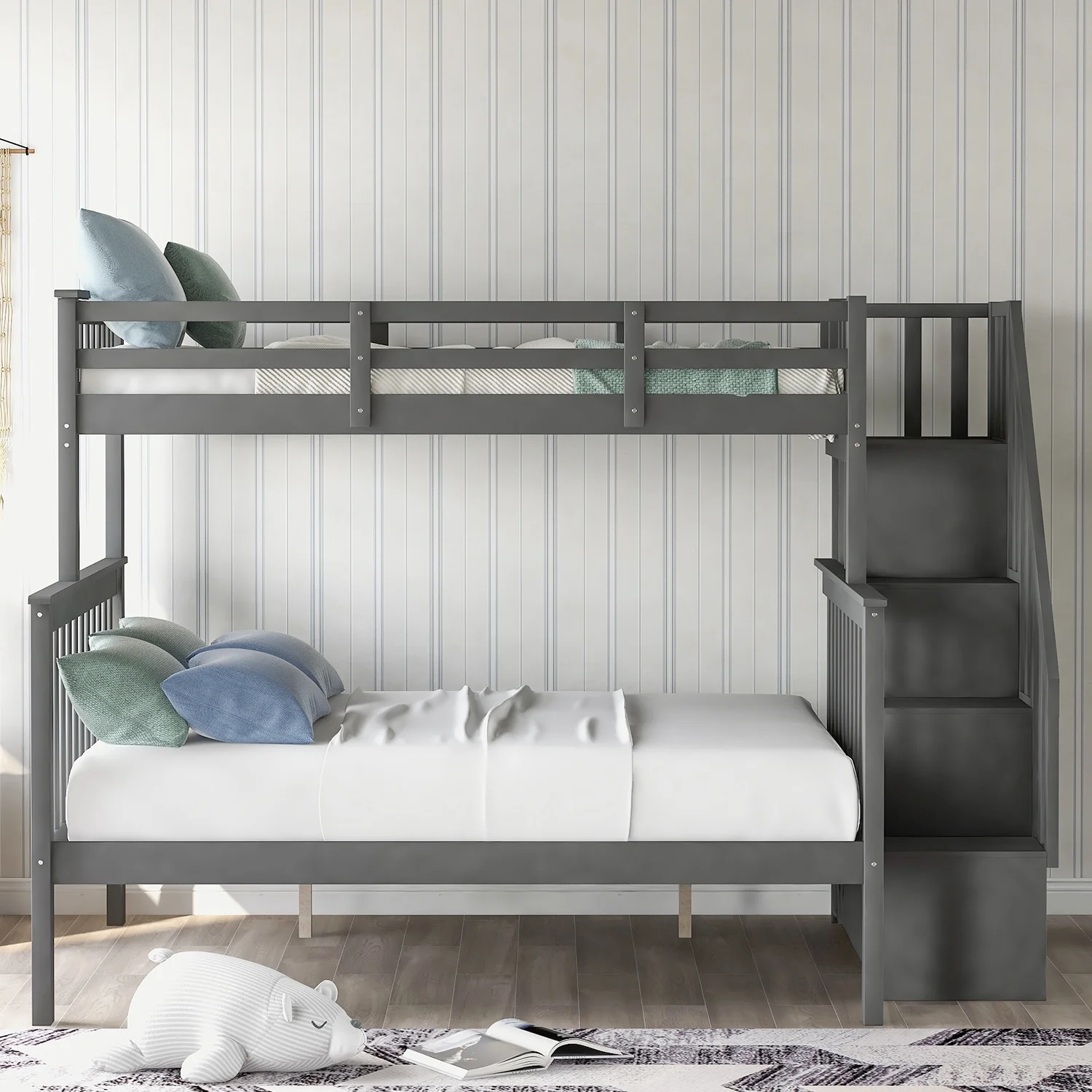 CoSoTower Stairway Twin-Over-Full Bunk Bed With Storage And Guard Rail For Bedroom, Gray