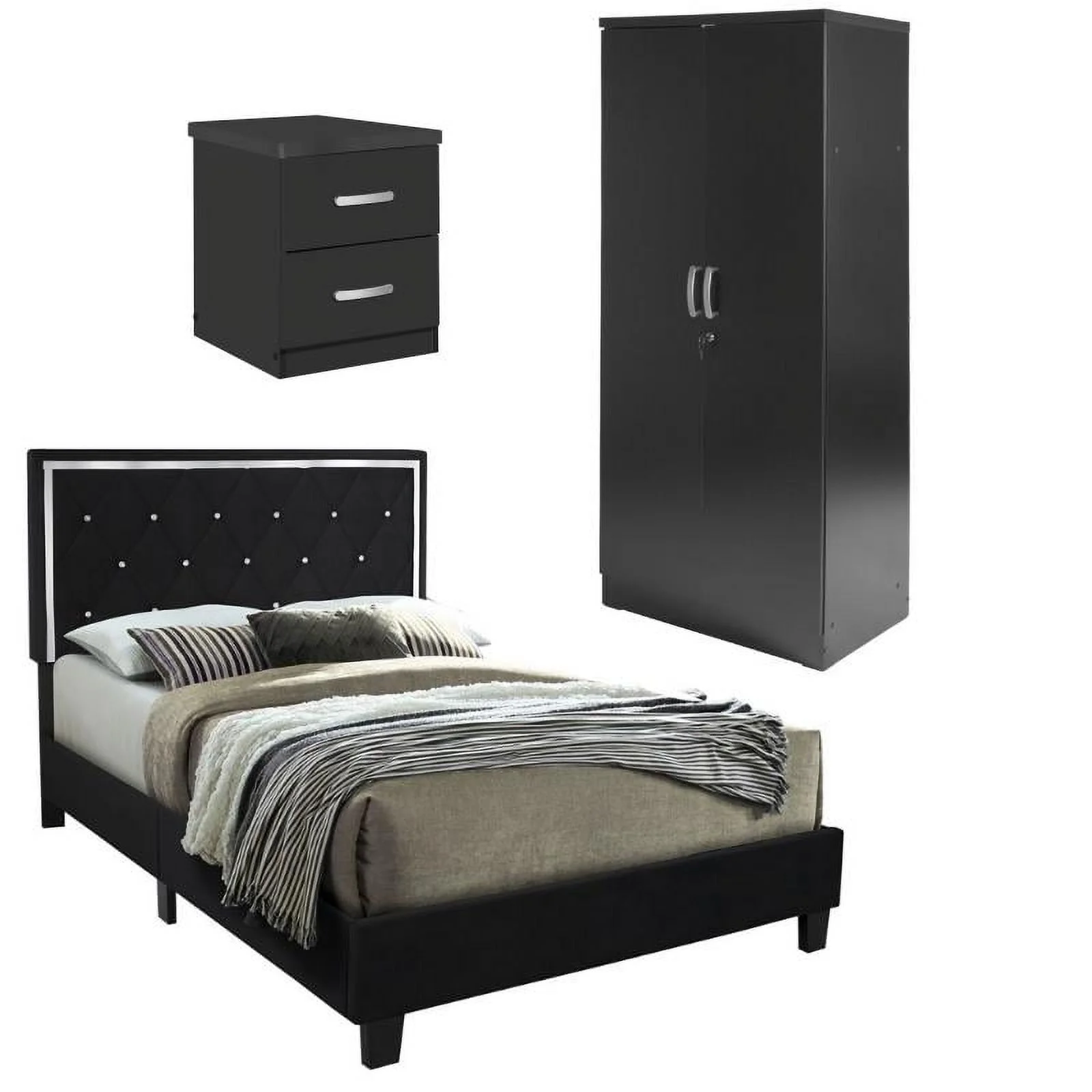 Home Square 3-Piece Set with Queen Bed Wardrobe Cabinet and 2-Drawer Nightstand