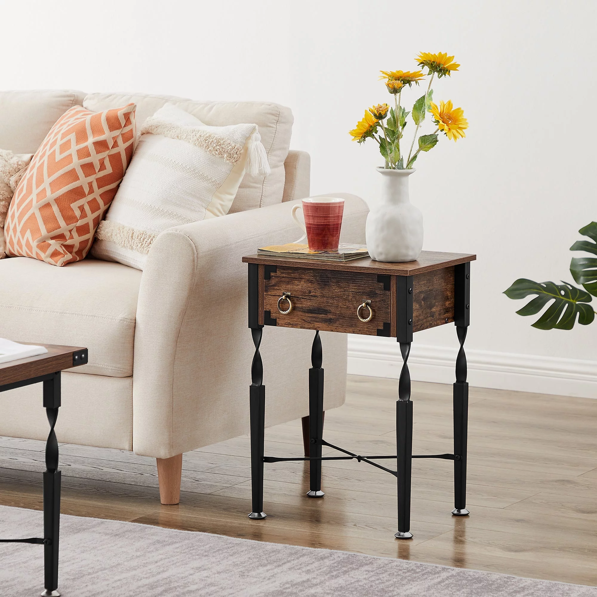 VECELO Set of 2 Nightstand with 1-Drawer, Modern Bedside End Table with Metal Frame for Versatile Storage Shelf in Living Room, Bedroom, Rustic Brown