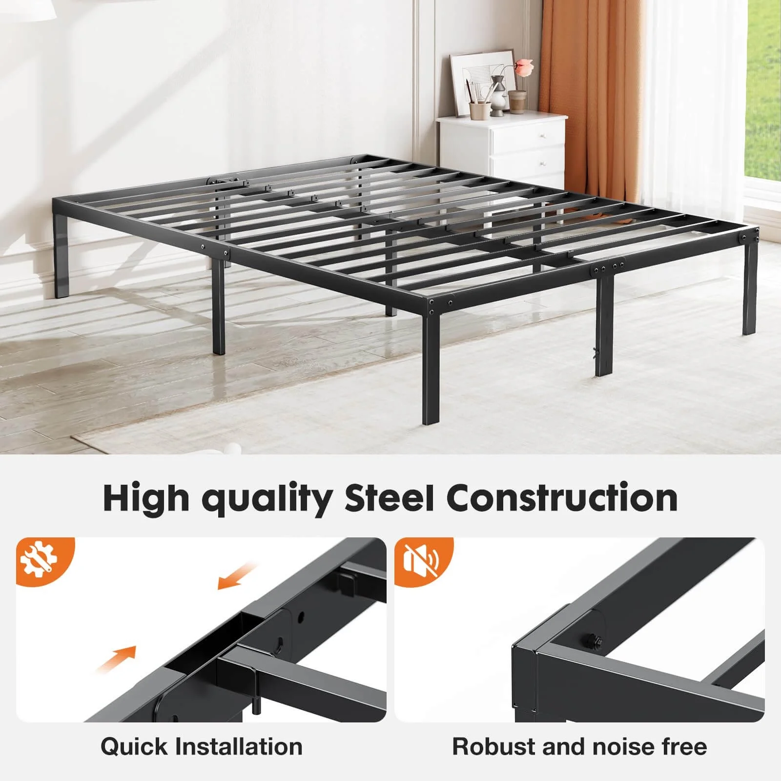 HENGMEI Metal Queen Bed Frame  Platform for Easy Assembly - Black