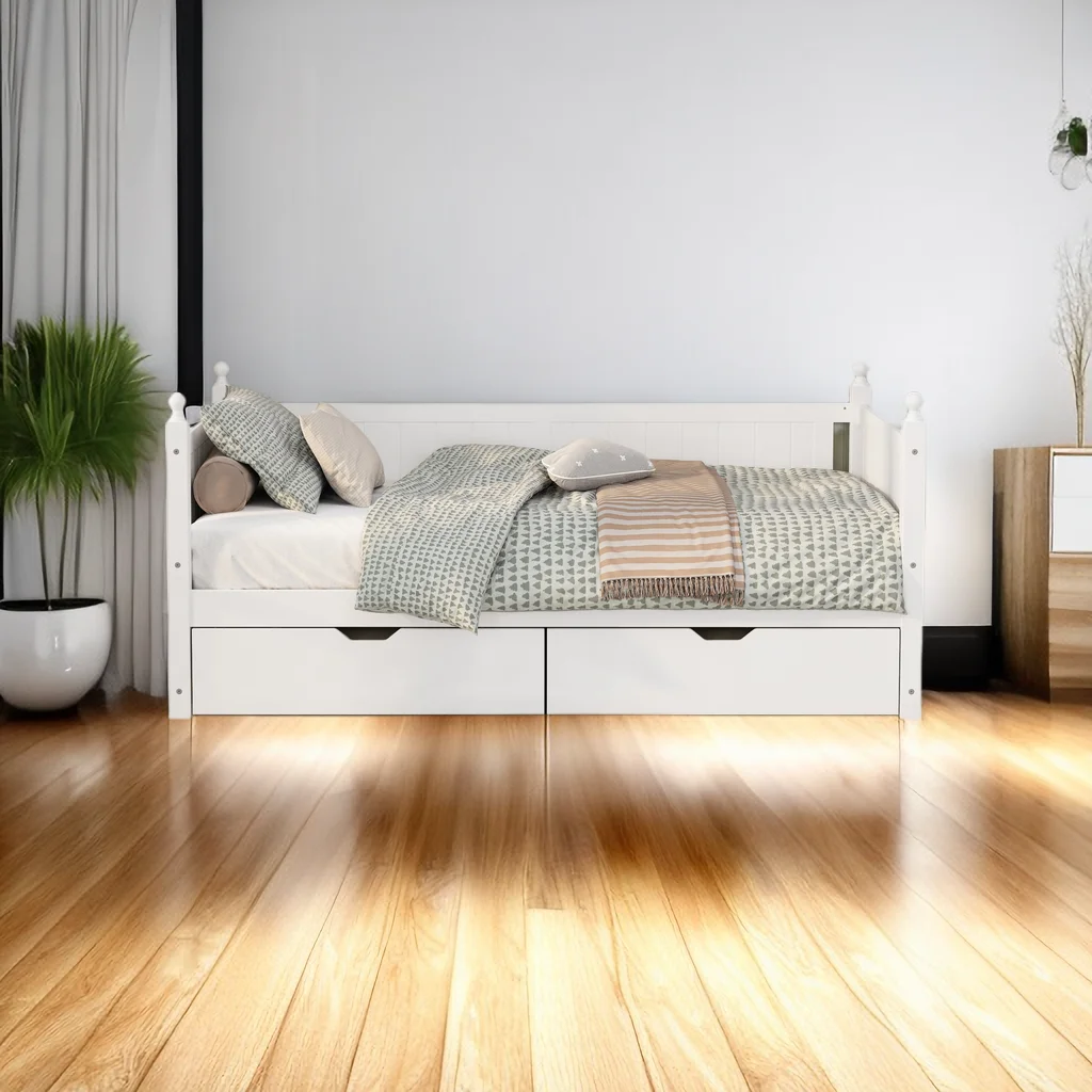 Twin Size Solid Wood Daybed with 2 Drawers for Limited Space Kids, Teens, Adults, No Need Box Spring