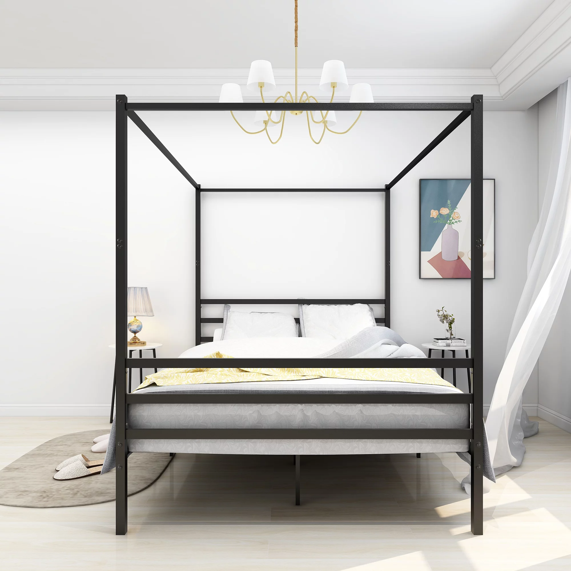 Dcenta Metal Canopy Bed Frame, Platform Bed Frame Queen with minimalism style Frame , Queen Black