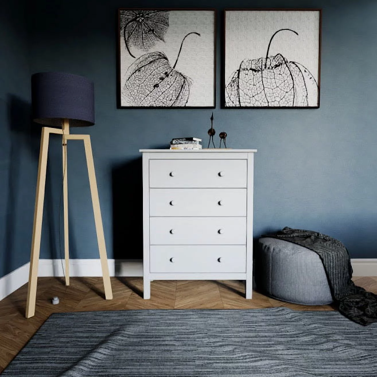Solid Wood Bedroom Chest with 4 Deep Storage Drawers White