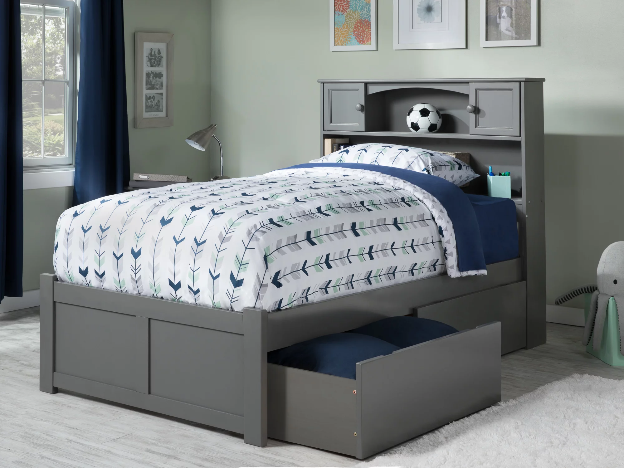 AFI Newport Twin Solid Wood Platform Bed with Footboard & 2 Storage Drawers in Grey