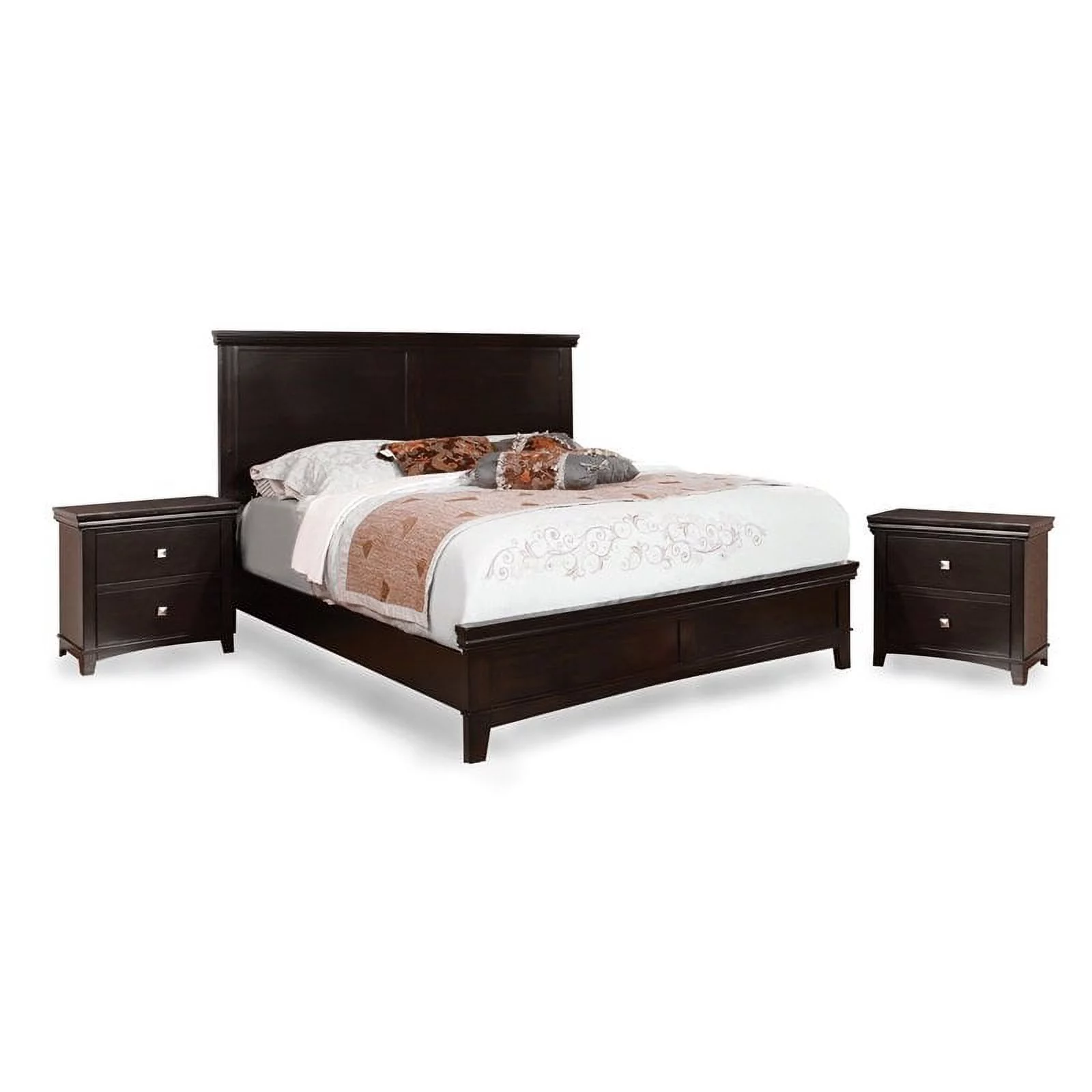FOA Brighton 3pc Espresso Solid Wood Bedroom Set - Queen + 2 Nightstands