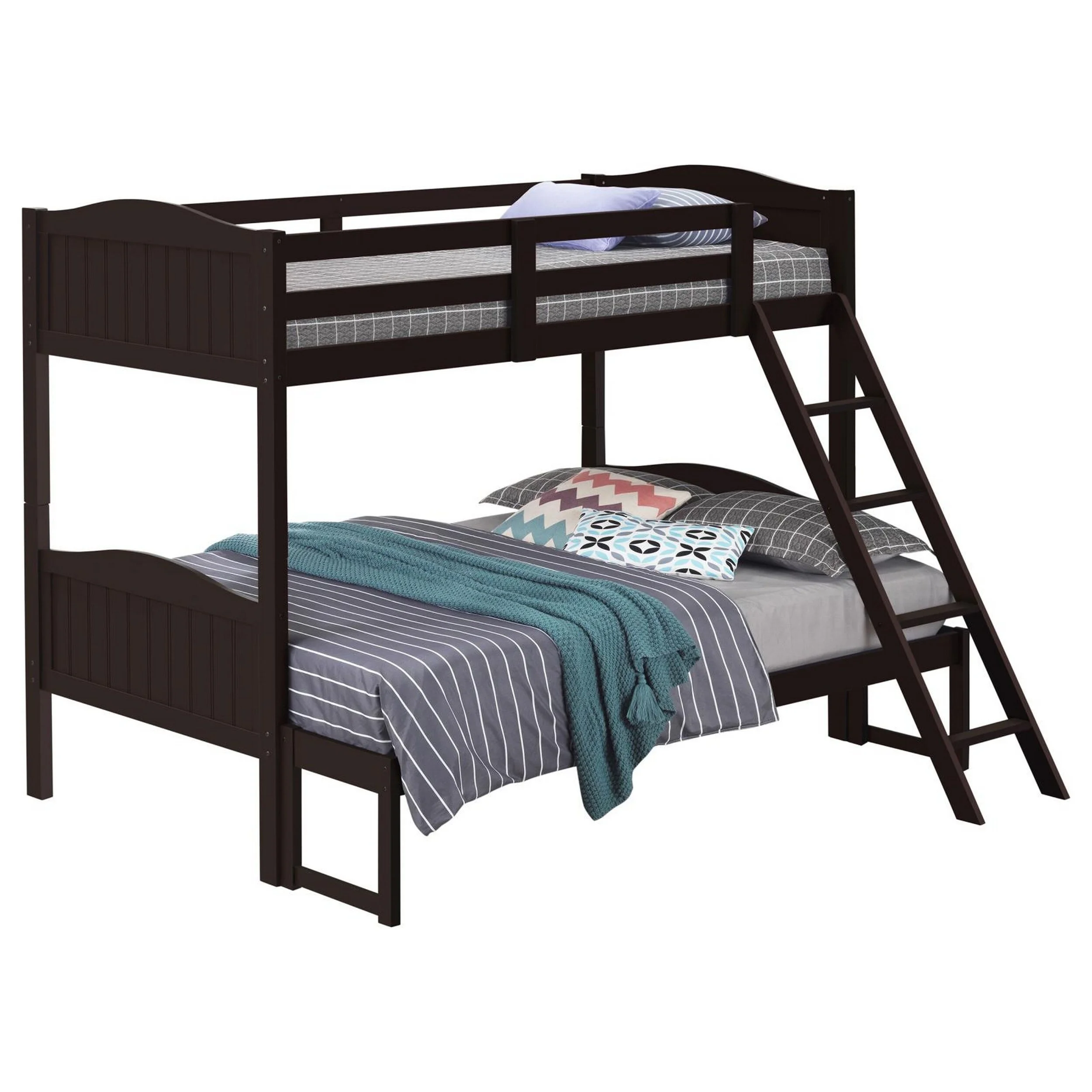Laro Twin over Full Bunk Bed, Attached Ladder, Guard Rails, Brown Wood