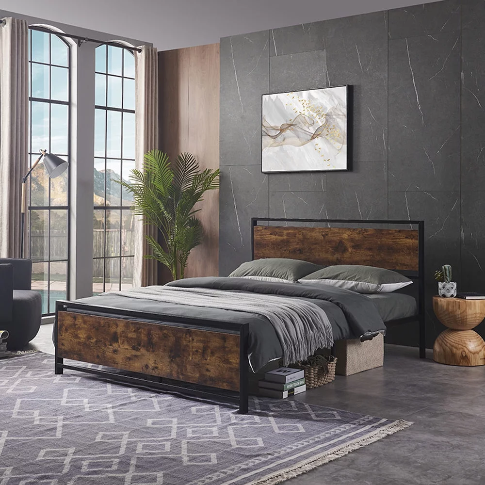 Inofia Queen Size Metal Platform Bed Frame with Wooden Headboard and Footboard, No Box Spring Needed, Large Under Bed Storage, Easy Assemble