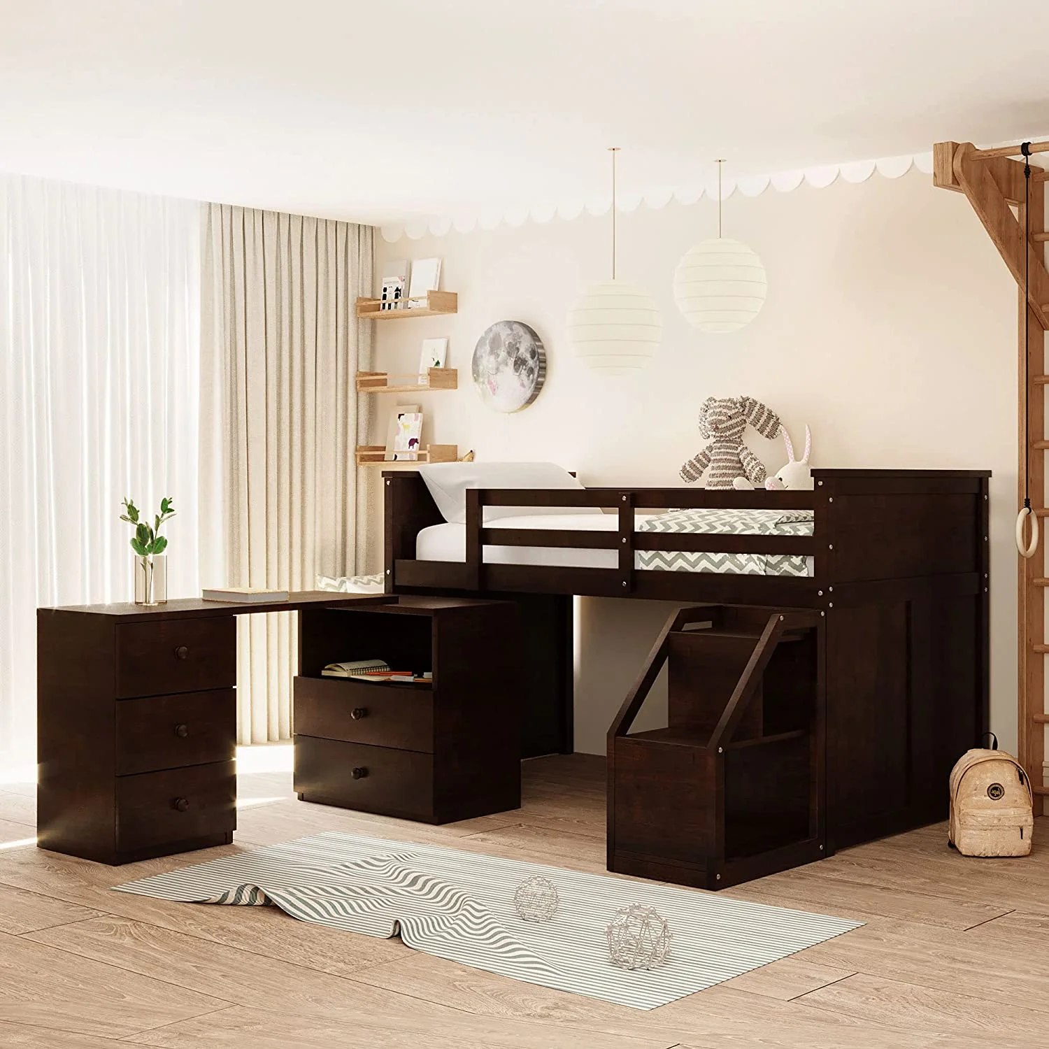 Low Loft Bed With Portable Desk And Stairs, Wood Size Loft Bed Frame With Storage Cabinets, Low Study Kids Loft Bed Frame For Bedroom Furniture (, Espresso)