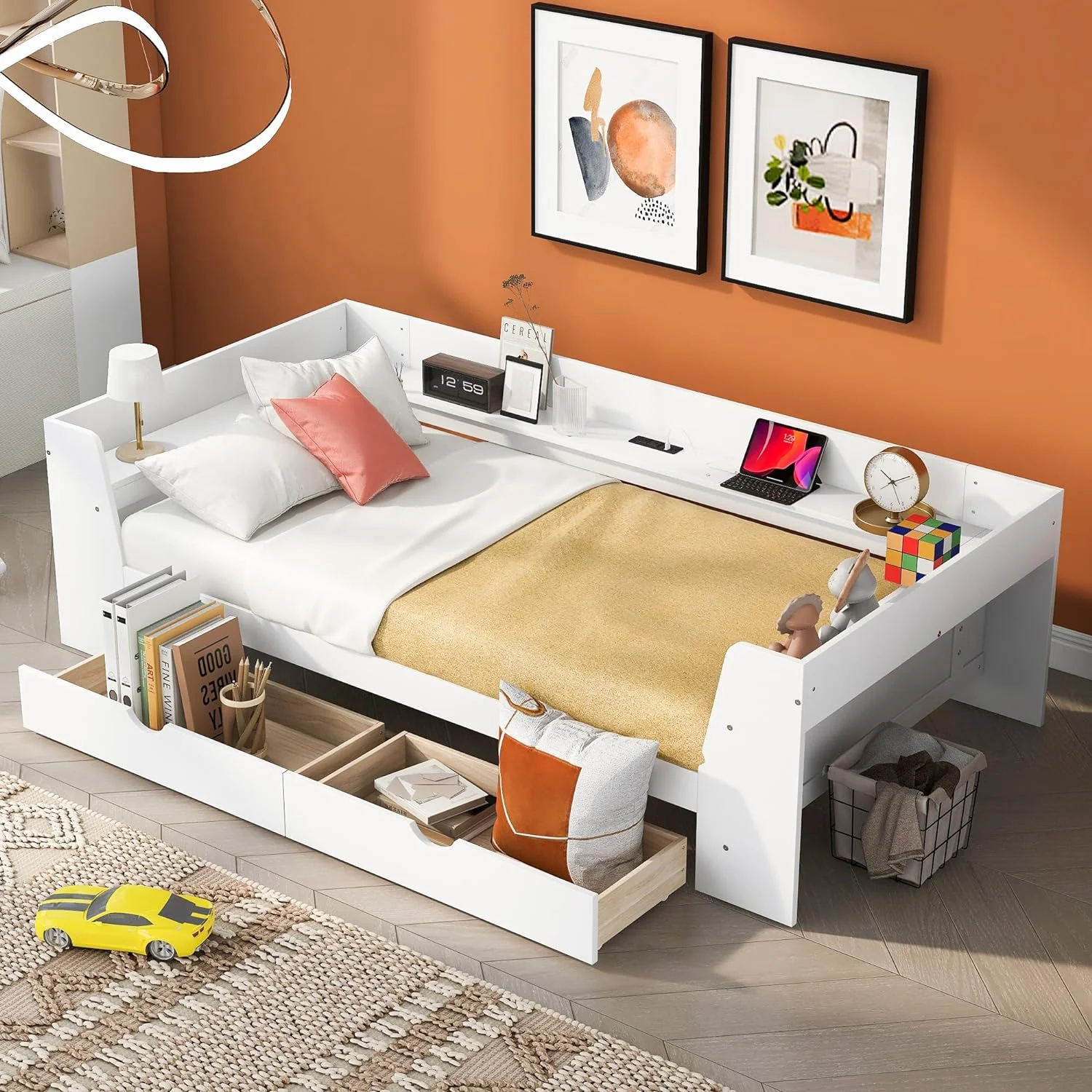 Daybed Wih Sorage Drawers, Shelves Ad Buil-I Chargig Saio, Wood Sorage Bed Frame, For Bedroom Livig Room ( Size, Whie)