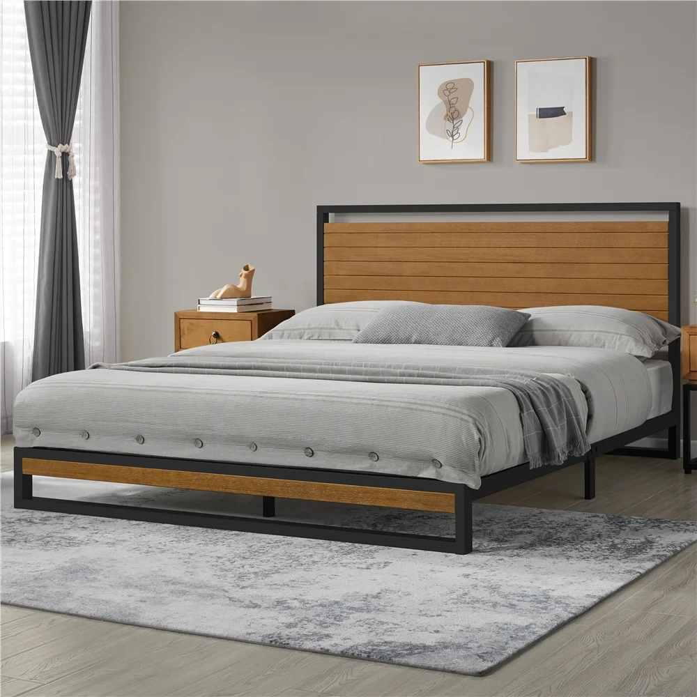 Yaheetech Modern Platform Bed Frame with Wood Headboard and Slats, Queen Size, Chestnut Brown